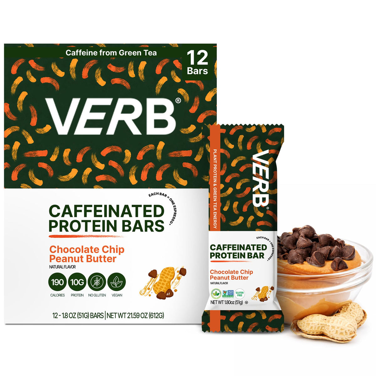 Verb Energy Bar barra cafeinada con chispas de chocolate para energía sostenida durante el día