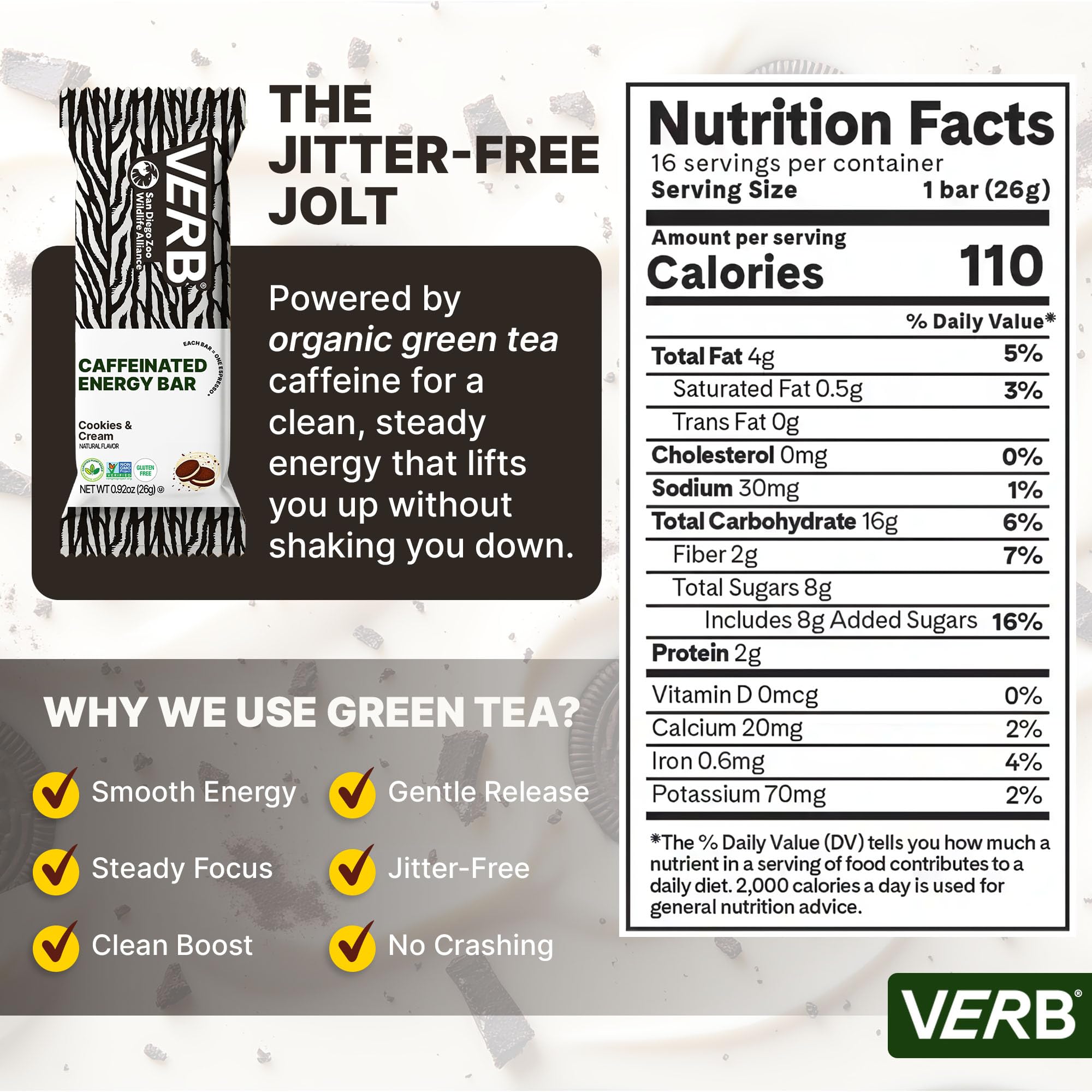 Barra Verb Energy Bar Cookies & Cream en la mano, snack portátil para seguir activo.