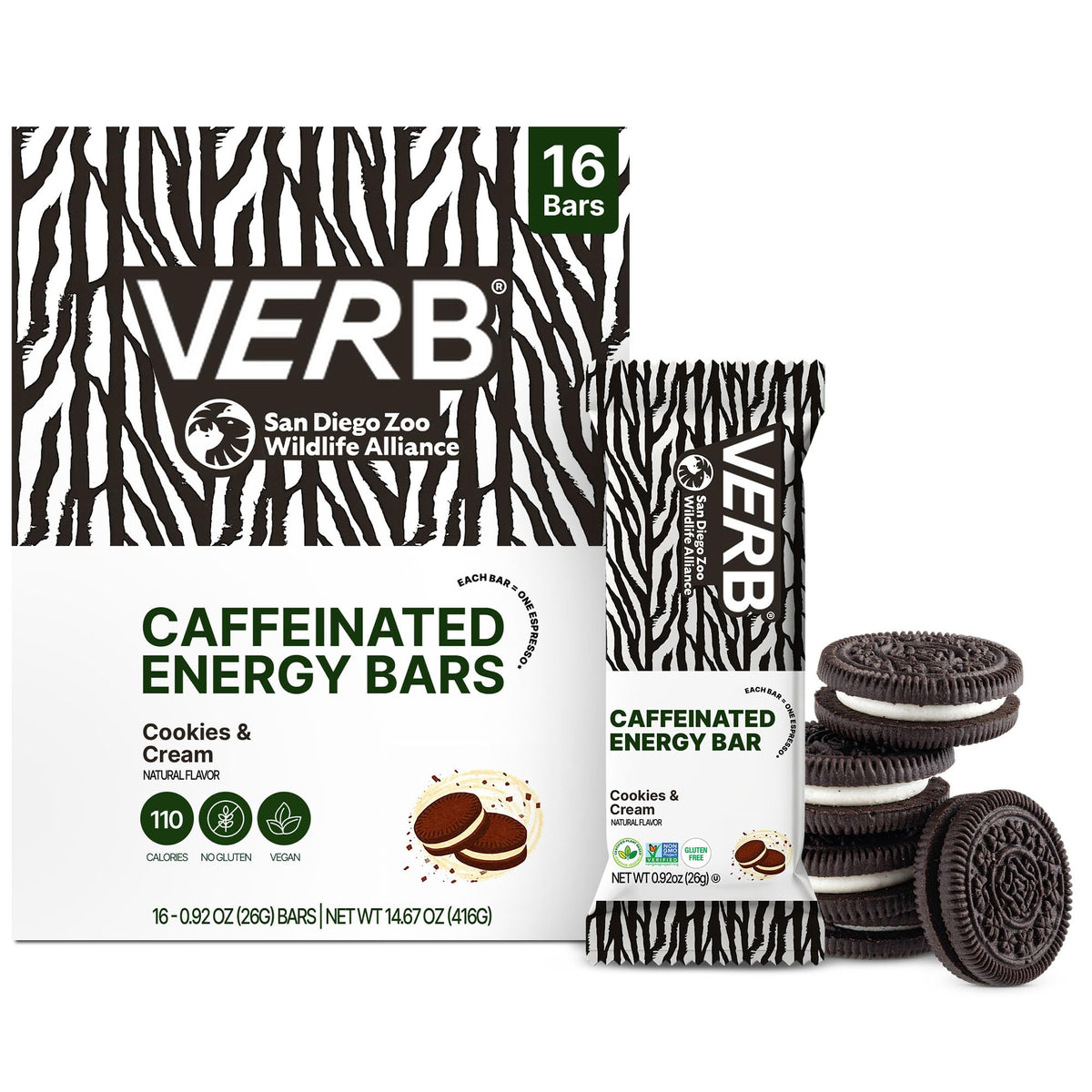 Verb Energy Bar Cookies & Cream, empaque de 16, snack práctico para el día.