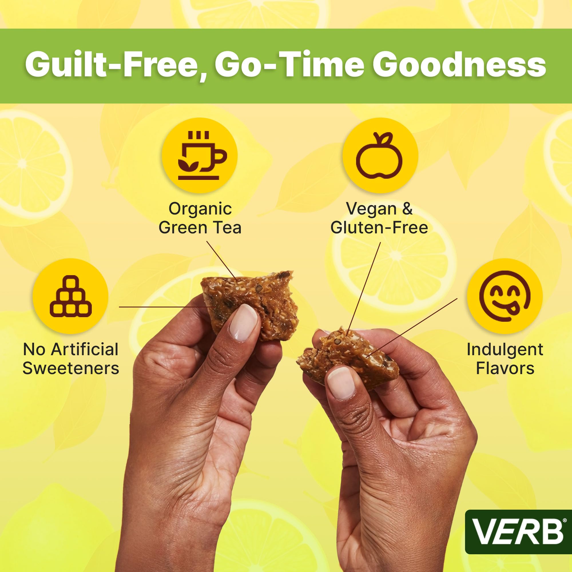 Barra Verb Energy Lemon, energía estable gracias a cafeína de té verde.