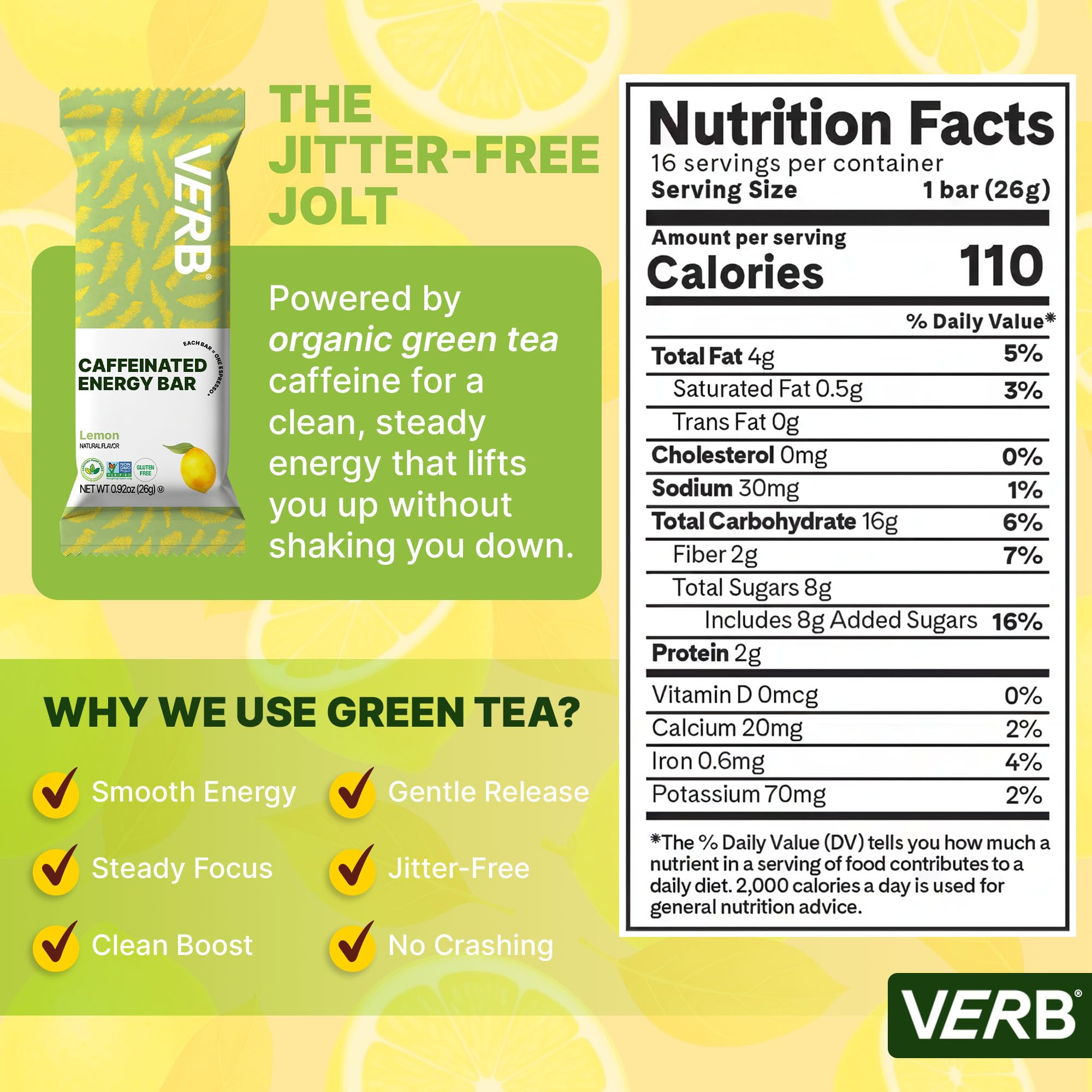 Barra Verb Energy Lemon, ingredientes simples visibles para un snack limpio.