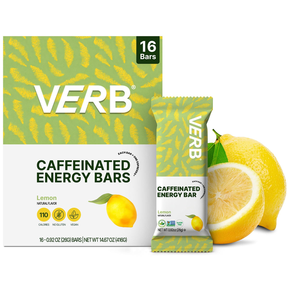 Barra Verb Energy Lemon, paquete 16, energía sostenida para la mañana.