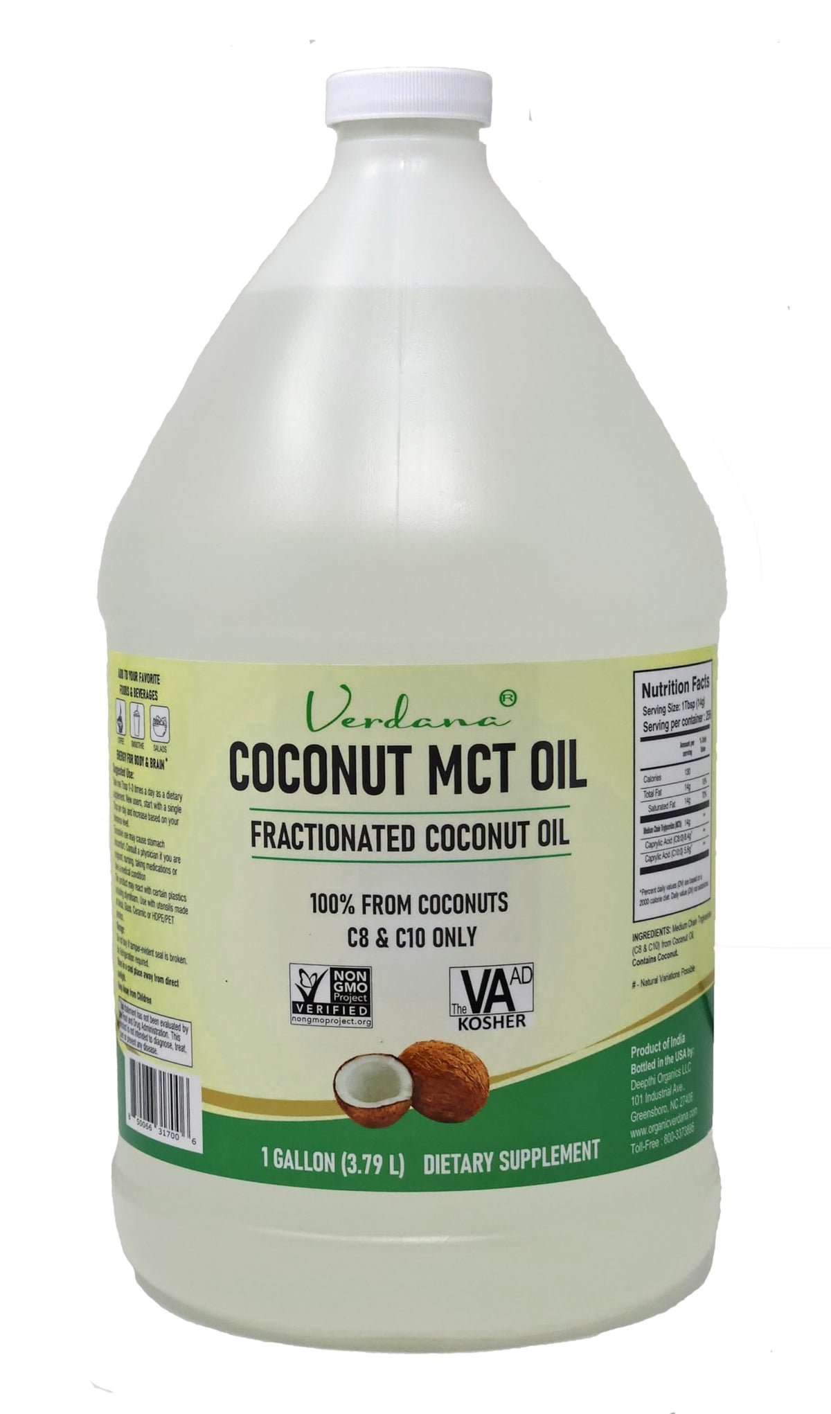 Verdana Aceite MCT de Coco en botella de 1 galón, conveniente y versátil para cocina y cuidado diario.