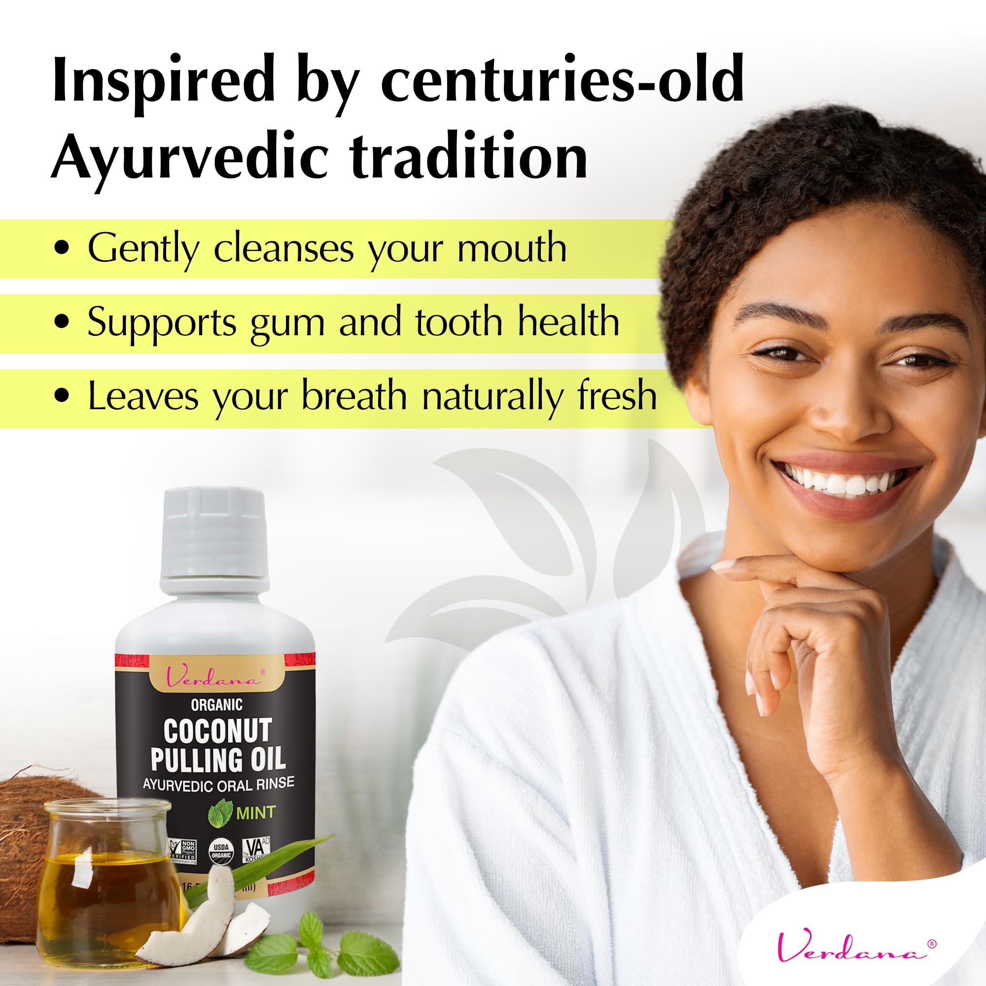 Verdana Enjuague con aceite orgánico vertido en boca para brillo natural.
