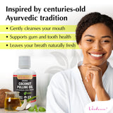 Verdana Enjuague con aceite orgánico vertido en boca para brillo natural.
