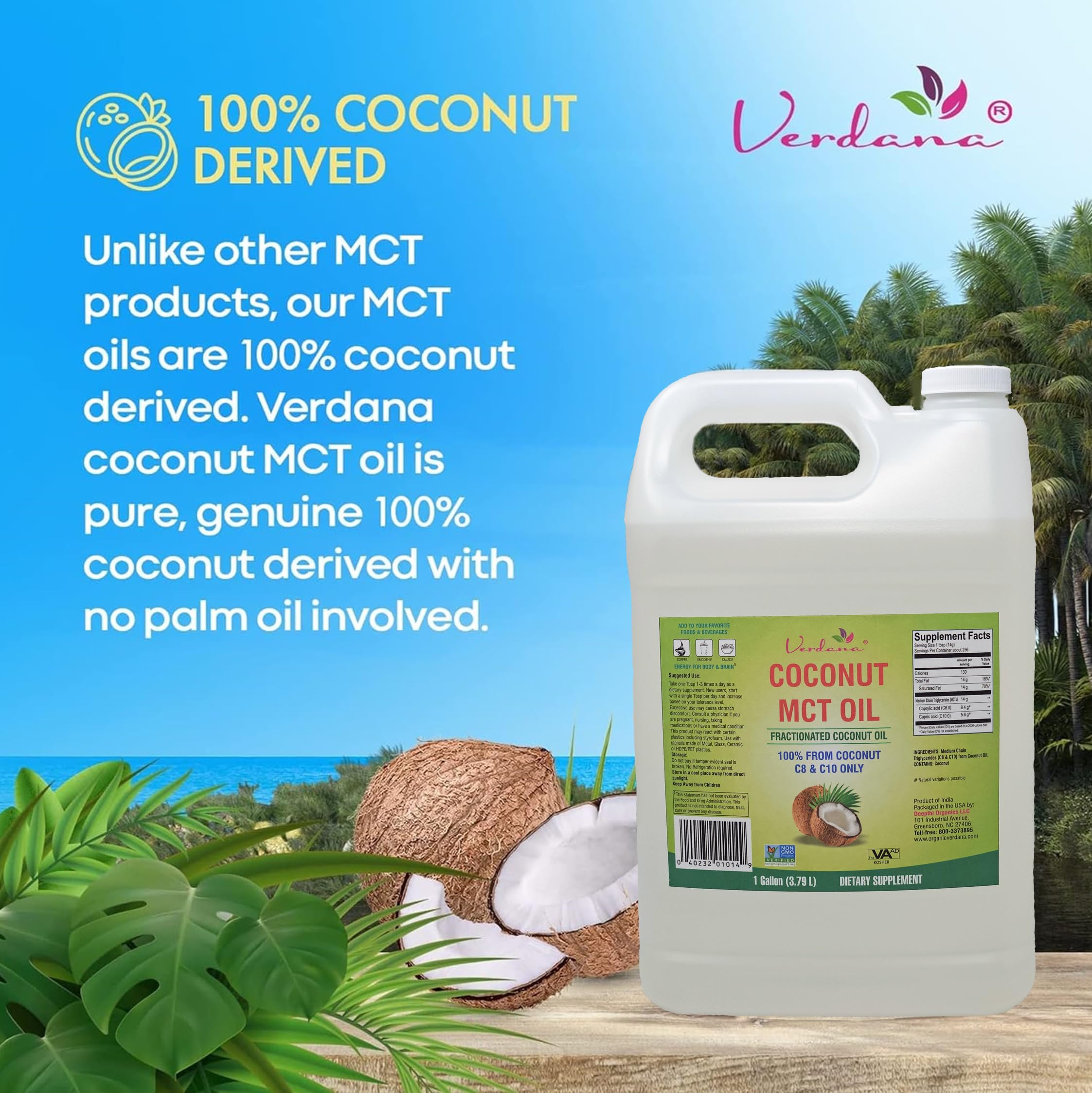Verdana MCT: frasco claro con aceite de coco fraccionado, uso cosmético ligero.