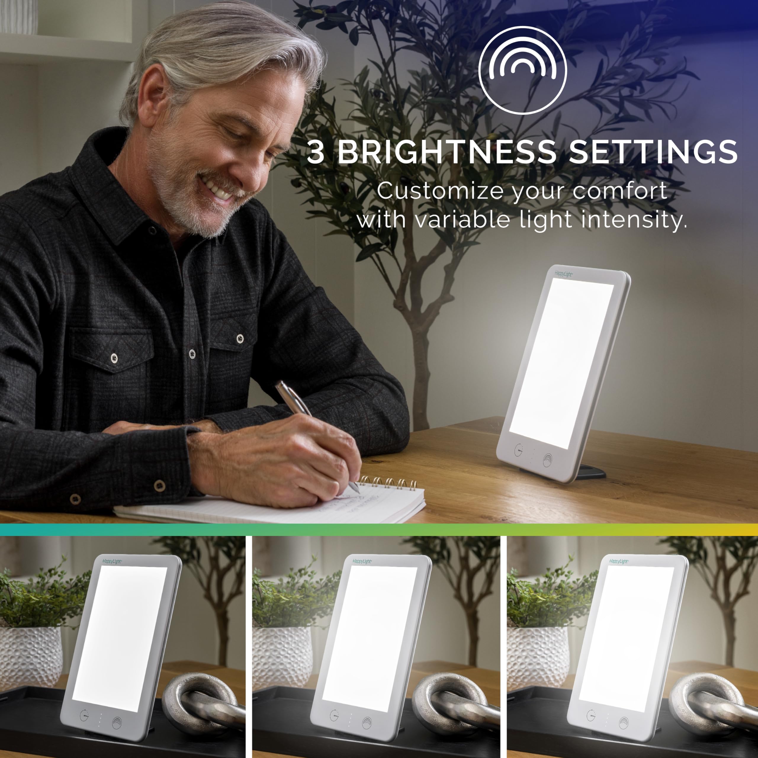 Verilux HappyLight Lumi Plus, ajuste de brillo para sesiones matutinas o nocturnas.