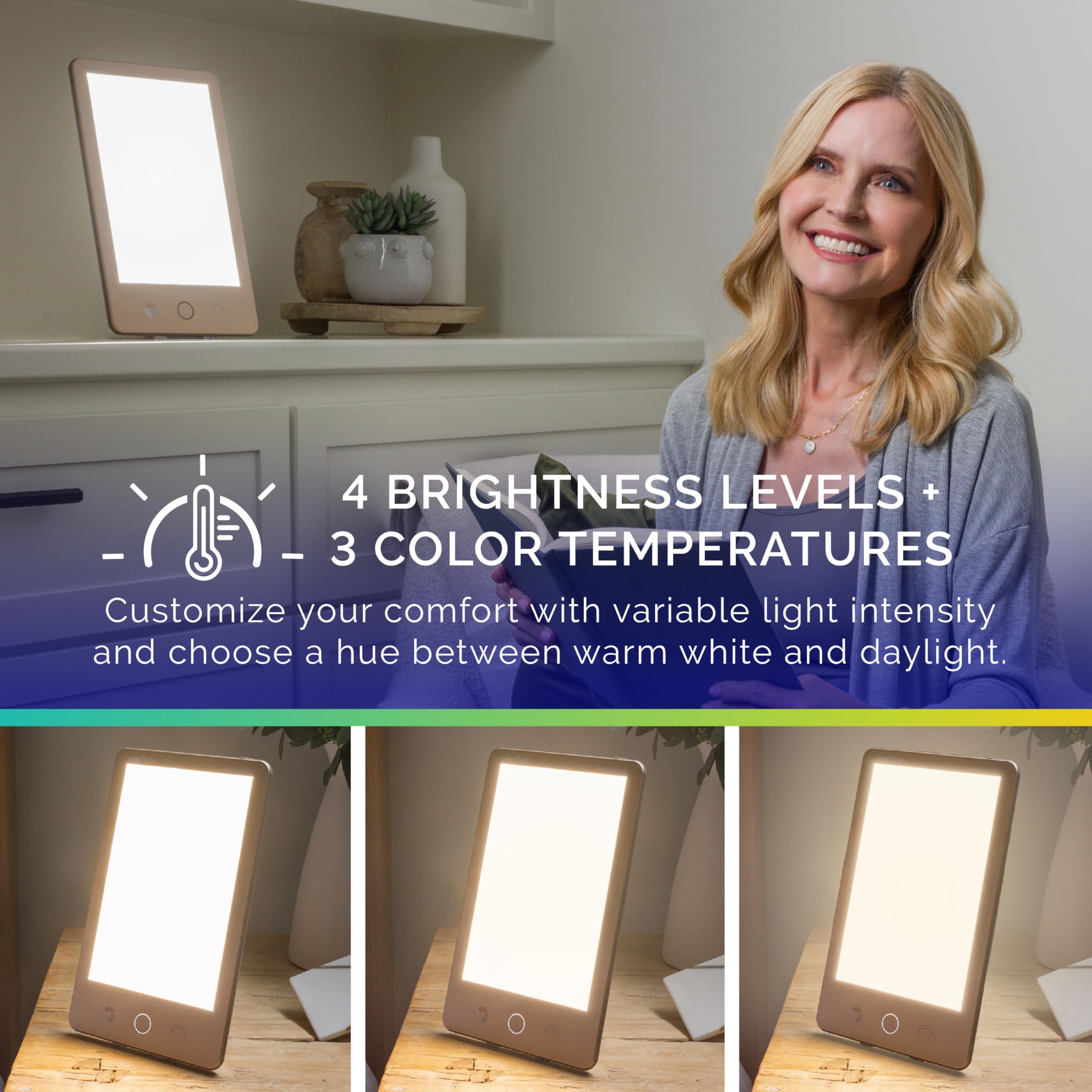 Verilux HappyLight Luxe, temperatura de color HappyHue para crear ambiente.