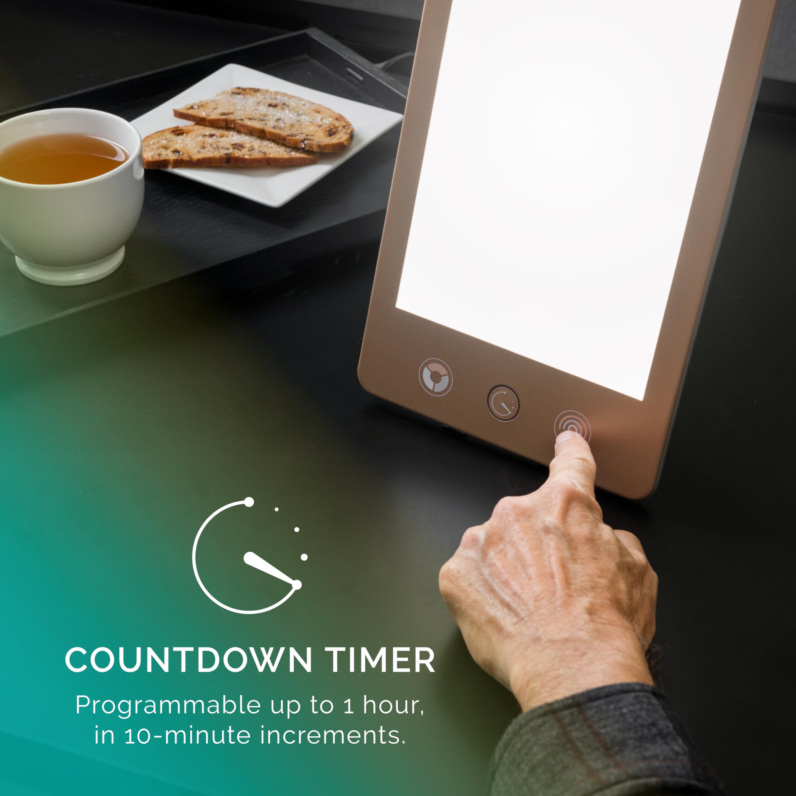 Verilux HappyLight Luxe, temporizador programable para sesiones cortas o largas.