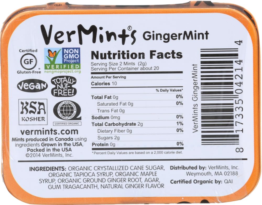 Vermints GingerMint: ingredientes orgánicos y jengibre para sabor natural.