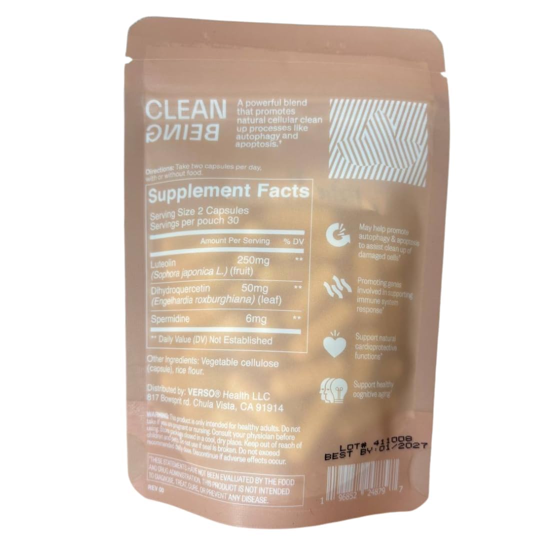 Verso Clean Being: etiqueta con luteolina y dihidroquercetina, ingredientes clave.