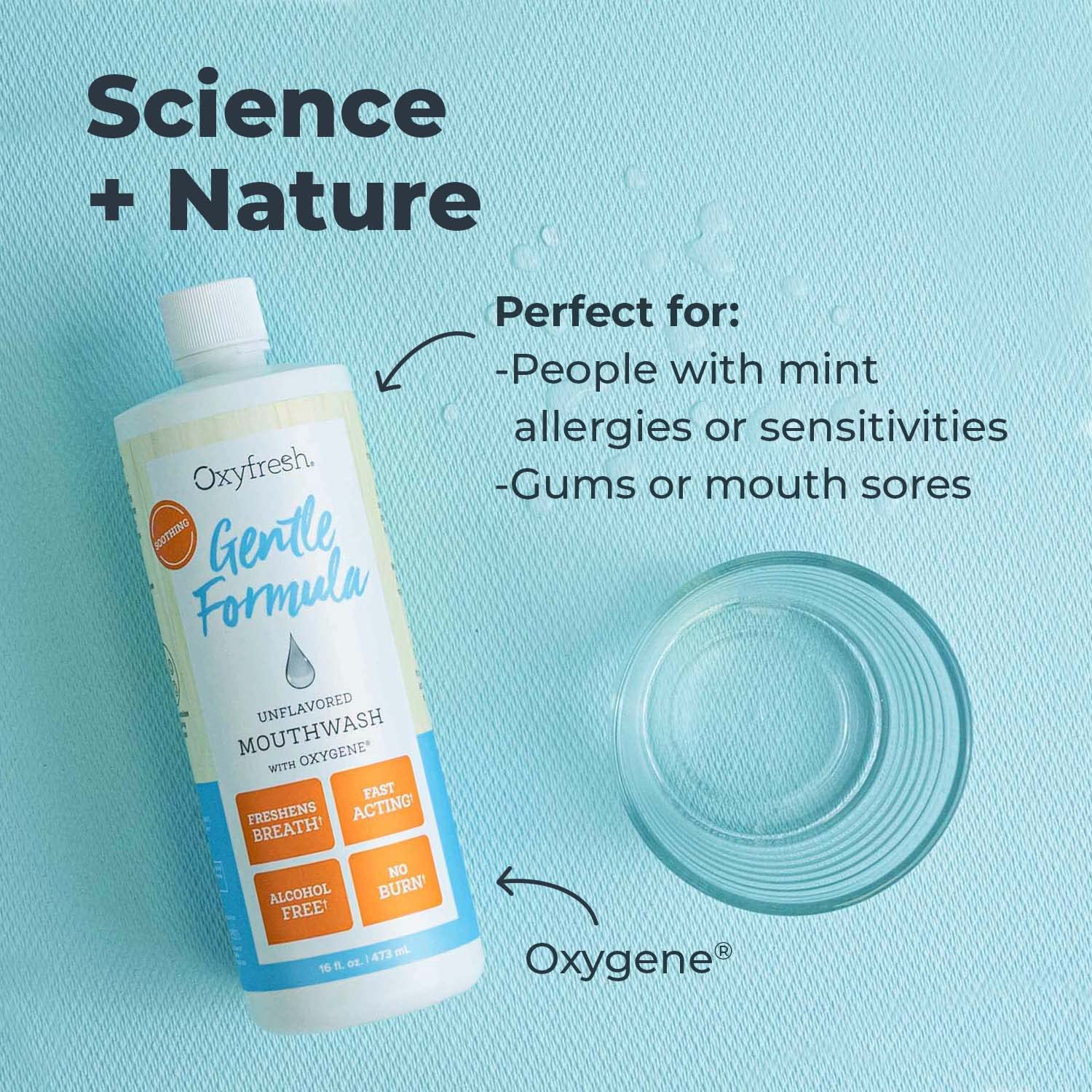 Vierte el enjuague bucal suave de Oxyfresh para inicio de rutina.
