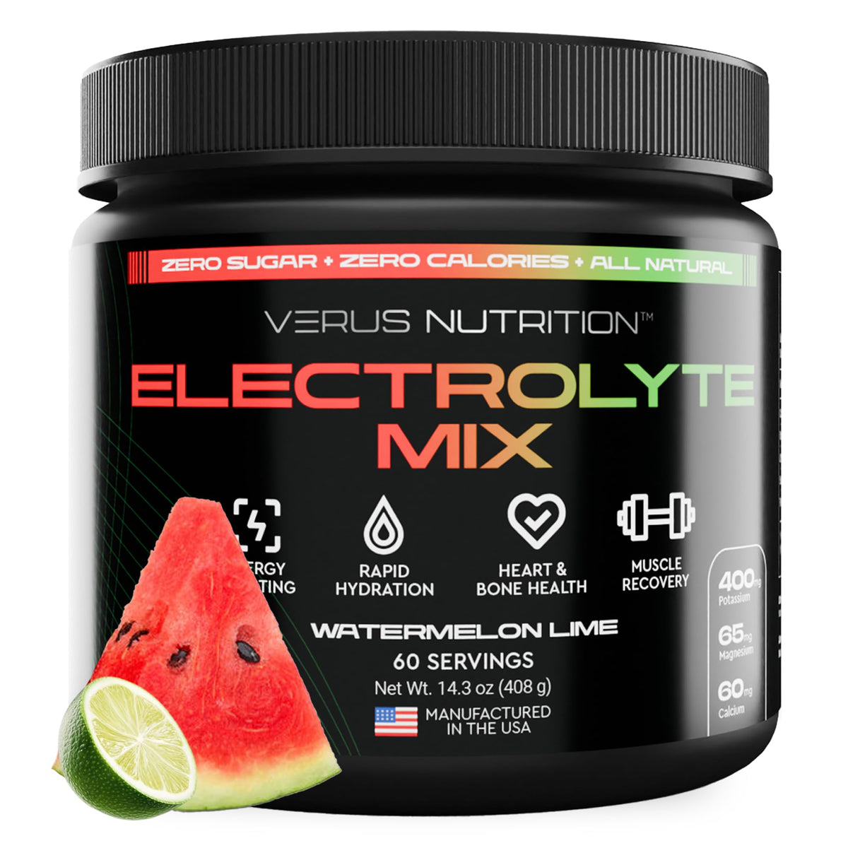 Polvo de electrolitos VERUS NUTRITION para hidratación sin azúcar sabor sandia-lima