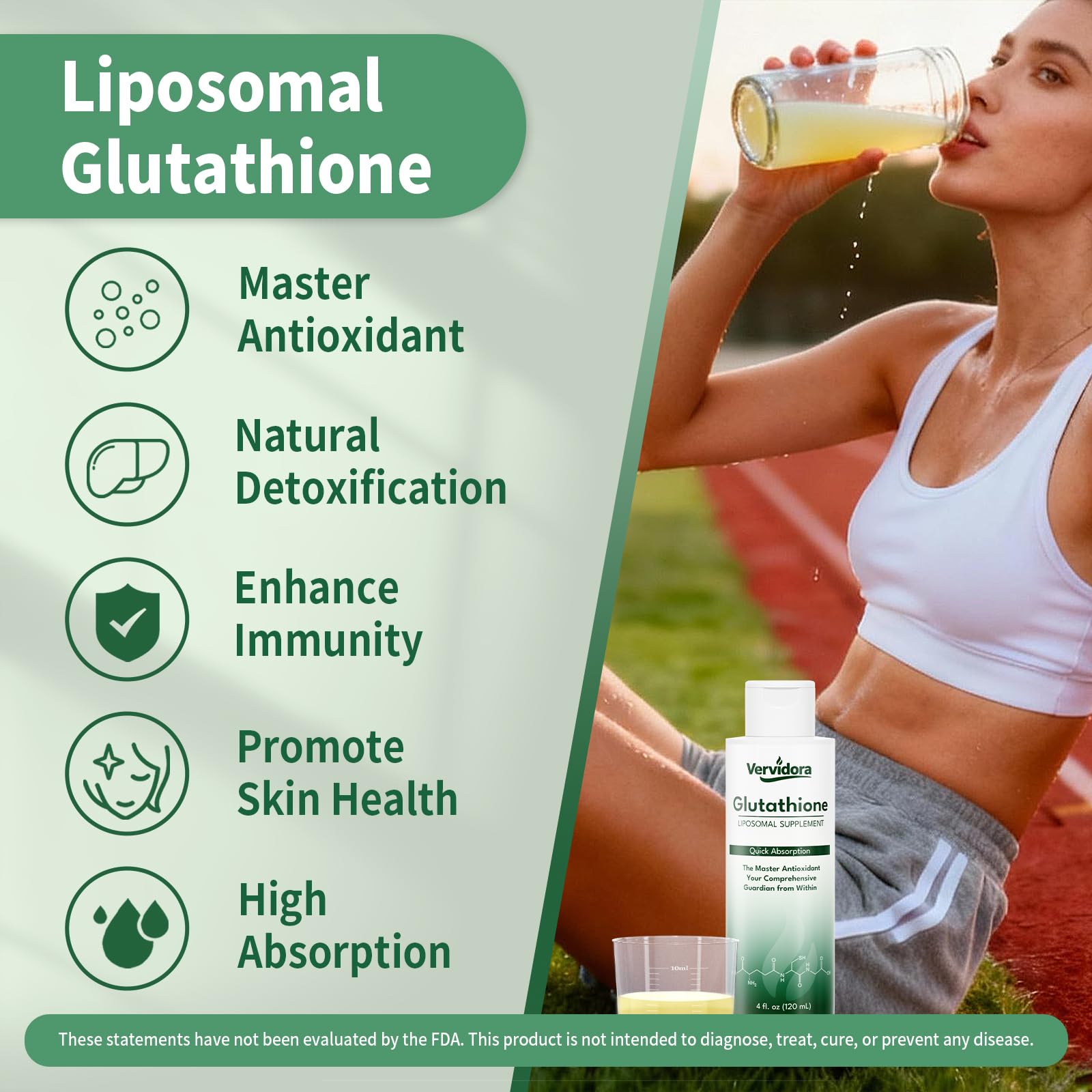 Vervidora glutatión liposómico con vaso medidor para dosis precisas.