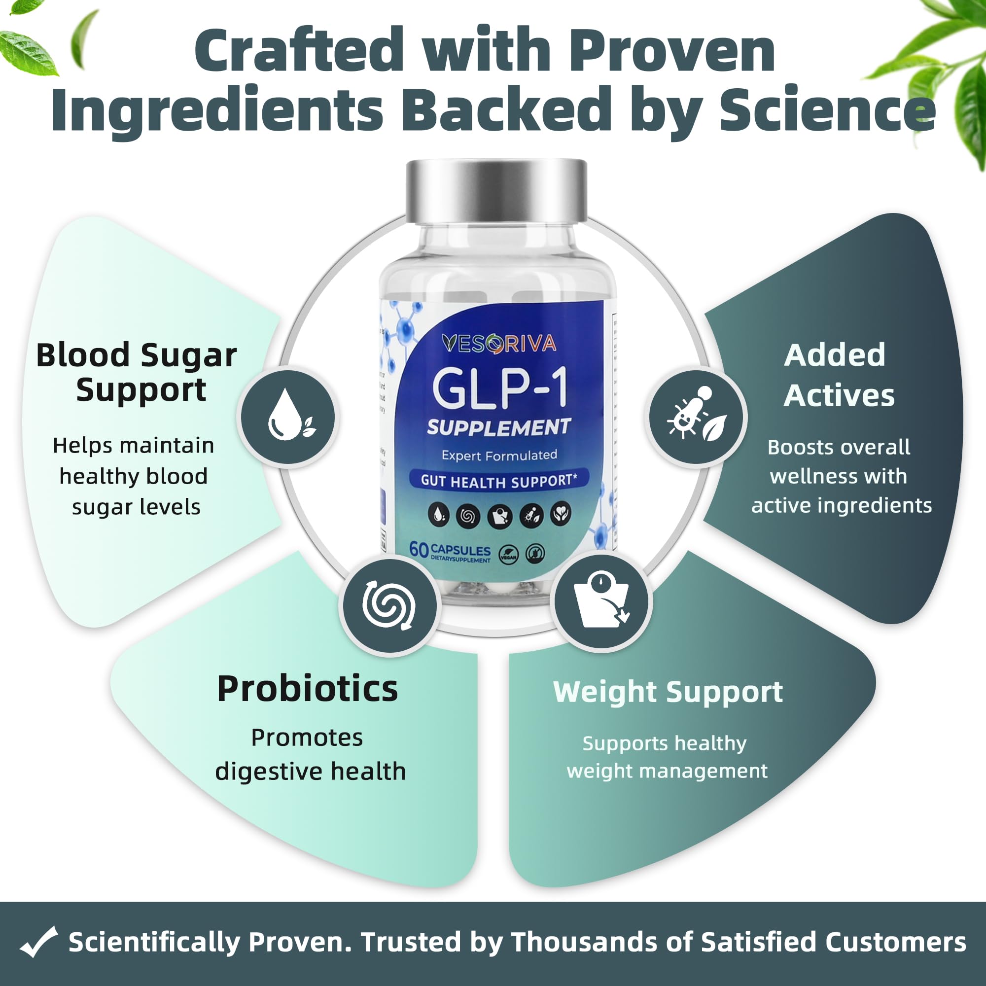 Vesoria GLP-1 cápsulas con probióticos y fibras para balance digestivo.