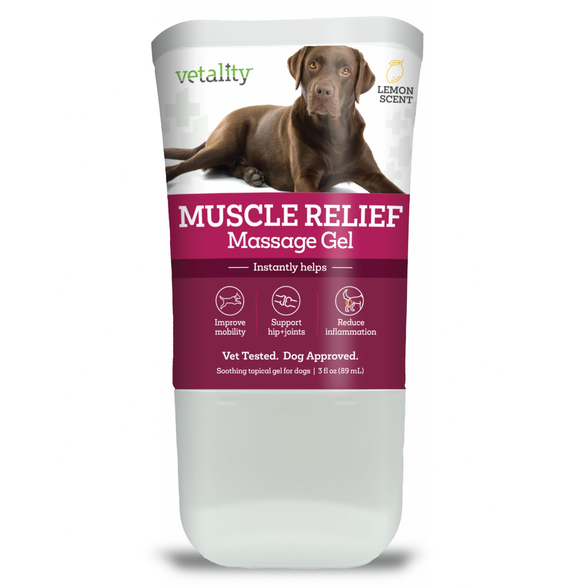 Vetality alivio muscular para perros, enfoque en el bote de 3 oz, mejora la movilidad.