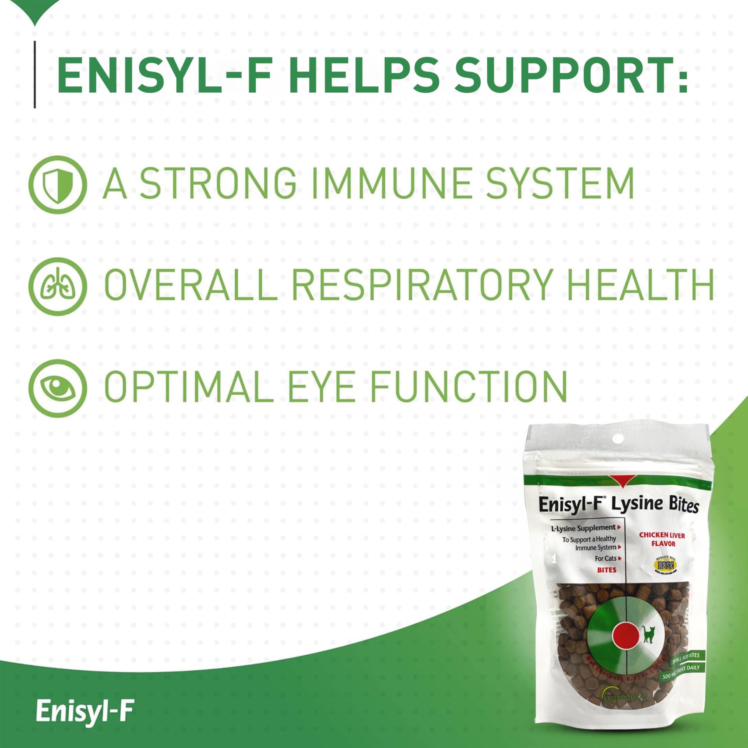 Enisyl-F Bites indica dosis para soporte inmunológico diario.