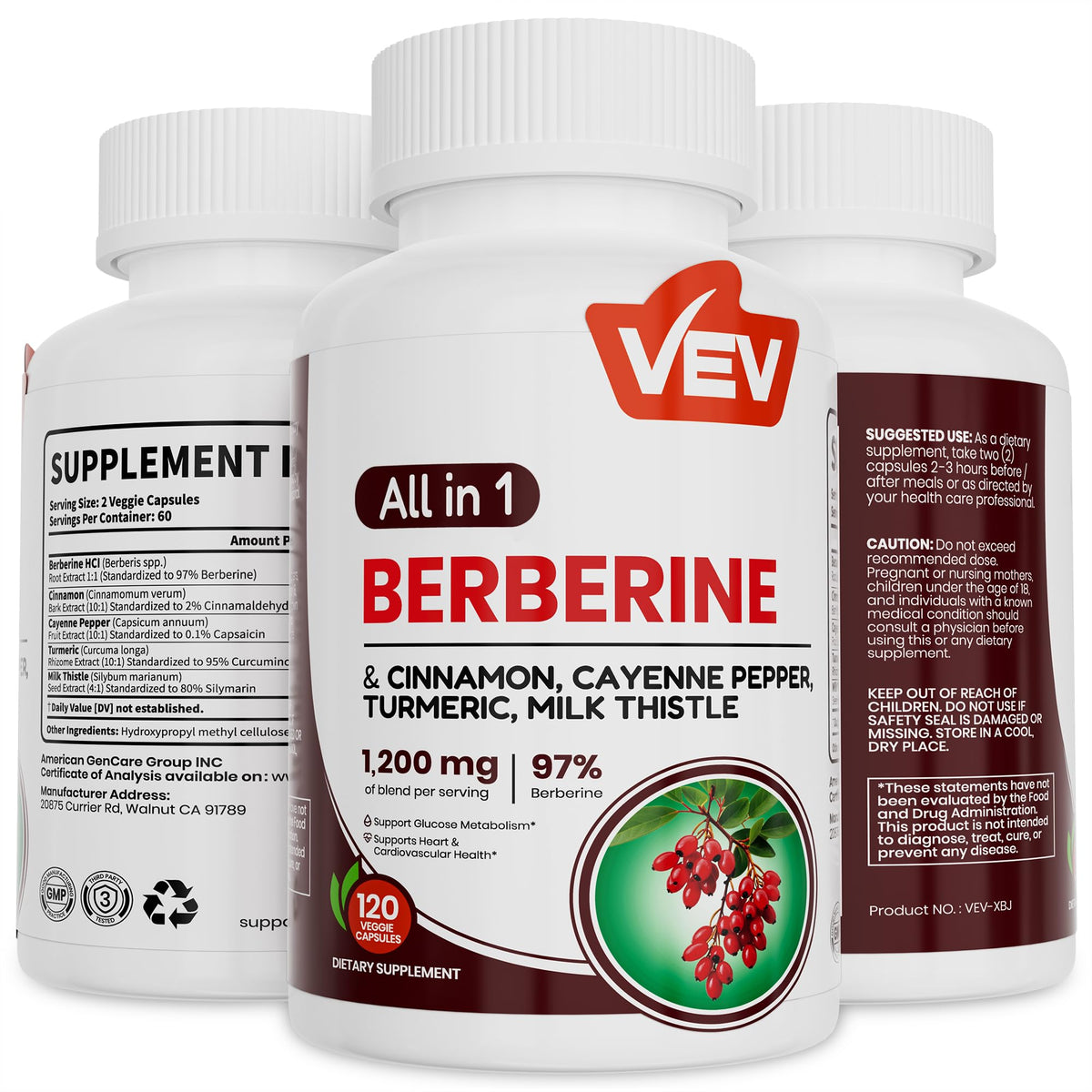 VEV Berberine cápsulas: formato práctico para uso diario y apoyo al metabolismo.