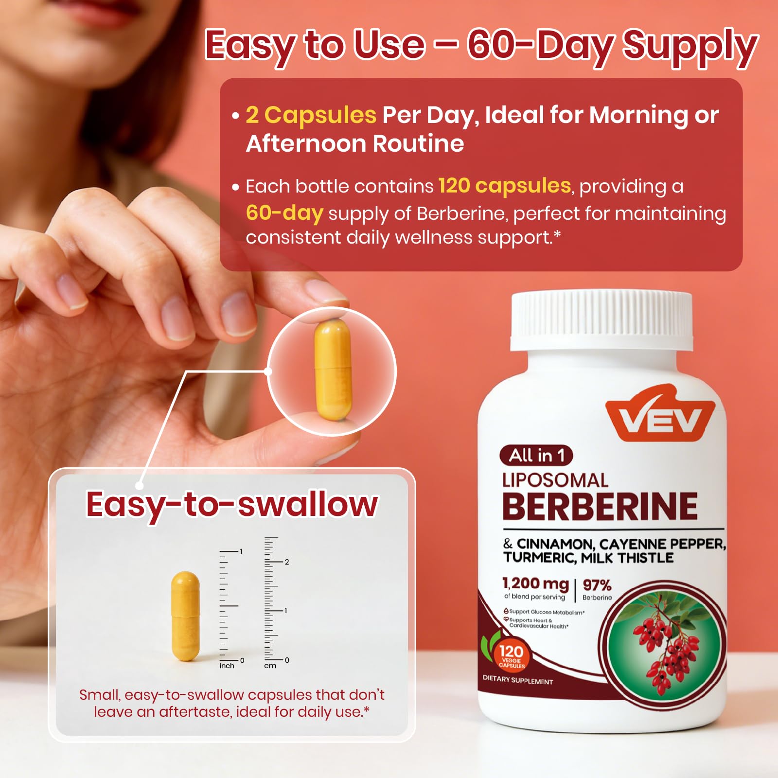 VEV Berberine vegano sin OGM: fórmula limpia para estilos de vida activos.