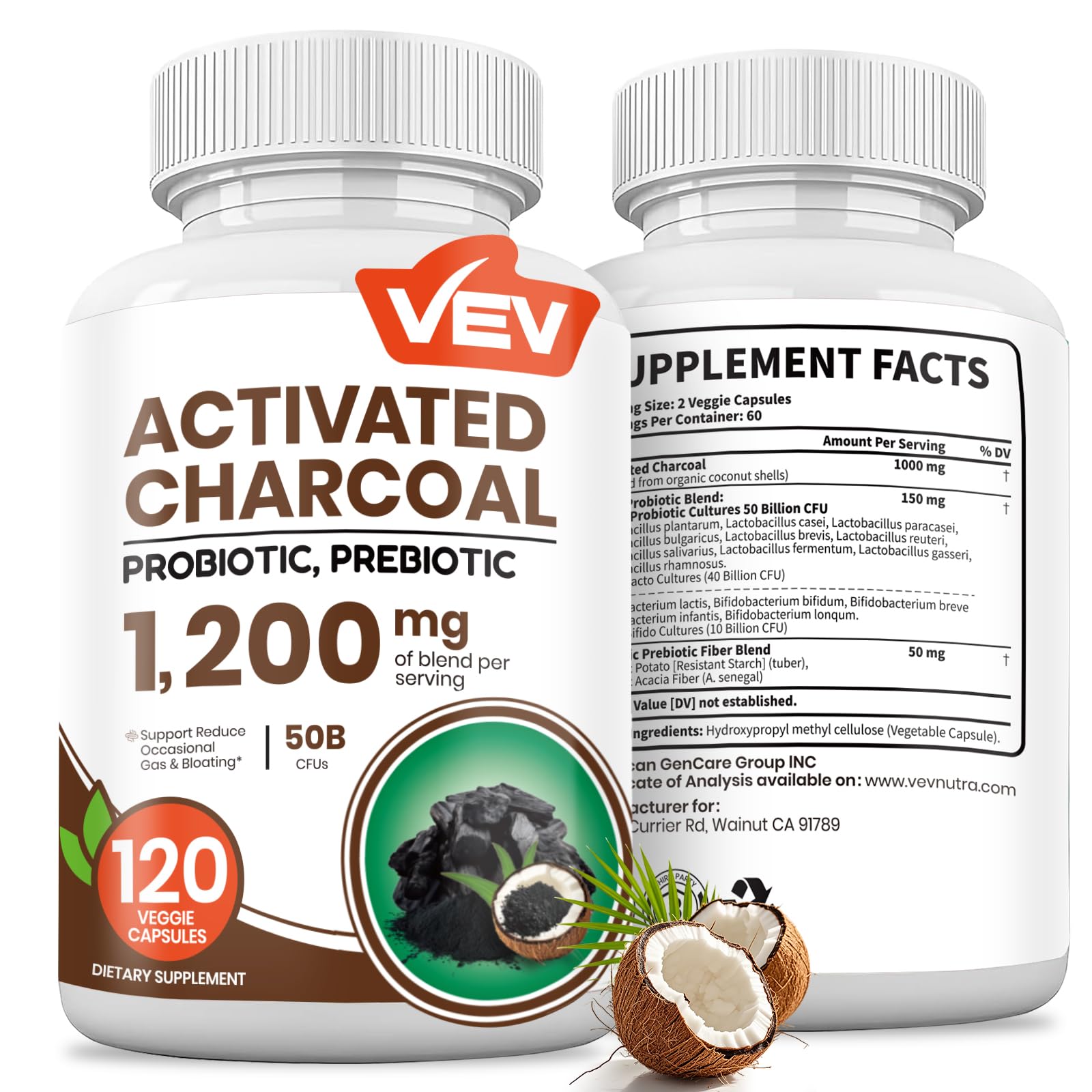 VEV carbón activado de coco orgánico en cápsulas veganas para apoyo digestivo.
