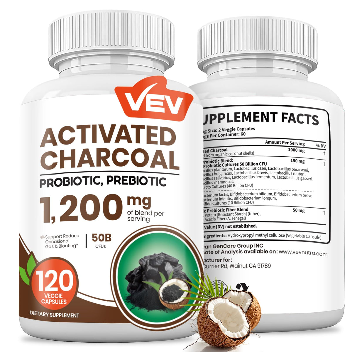 VEV carbón activado de coco orgánico en cápsulas veganas para apoyo digestivo.