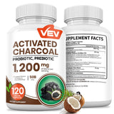 VEV carbón activado de coco orgánico en cápsulas veganas para apoyo digestivo.