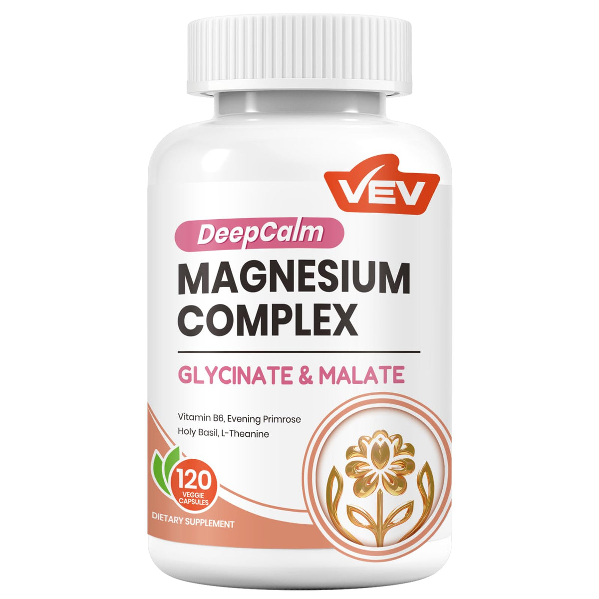 Botella de VEV Deep Calm con cápsulas para uso diario.