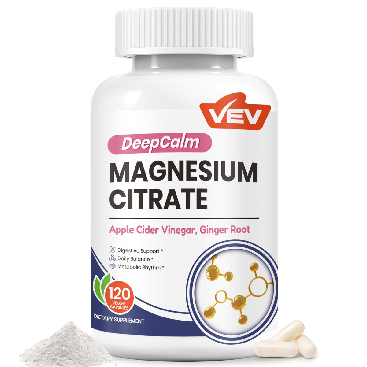 Cápsulas VEV Deep Calm de magnesio citrato para digestión suave.
