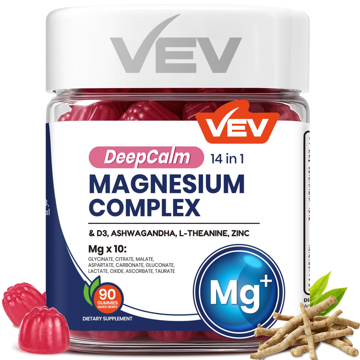 VEV Deep Calm Gummies, frasco visible que facilita la ingesta diaria de magnesio