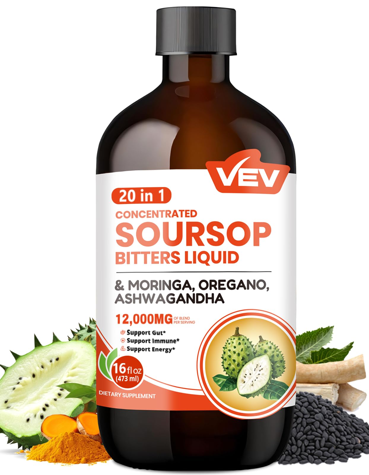 VEV Graviola Amargos Botella Verter muestra una dosis diaria para apoyo digestivo.