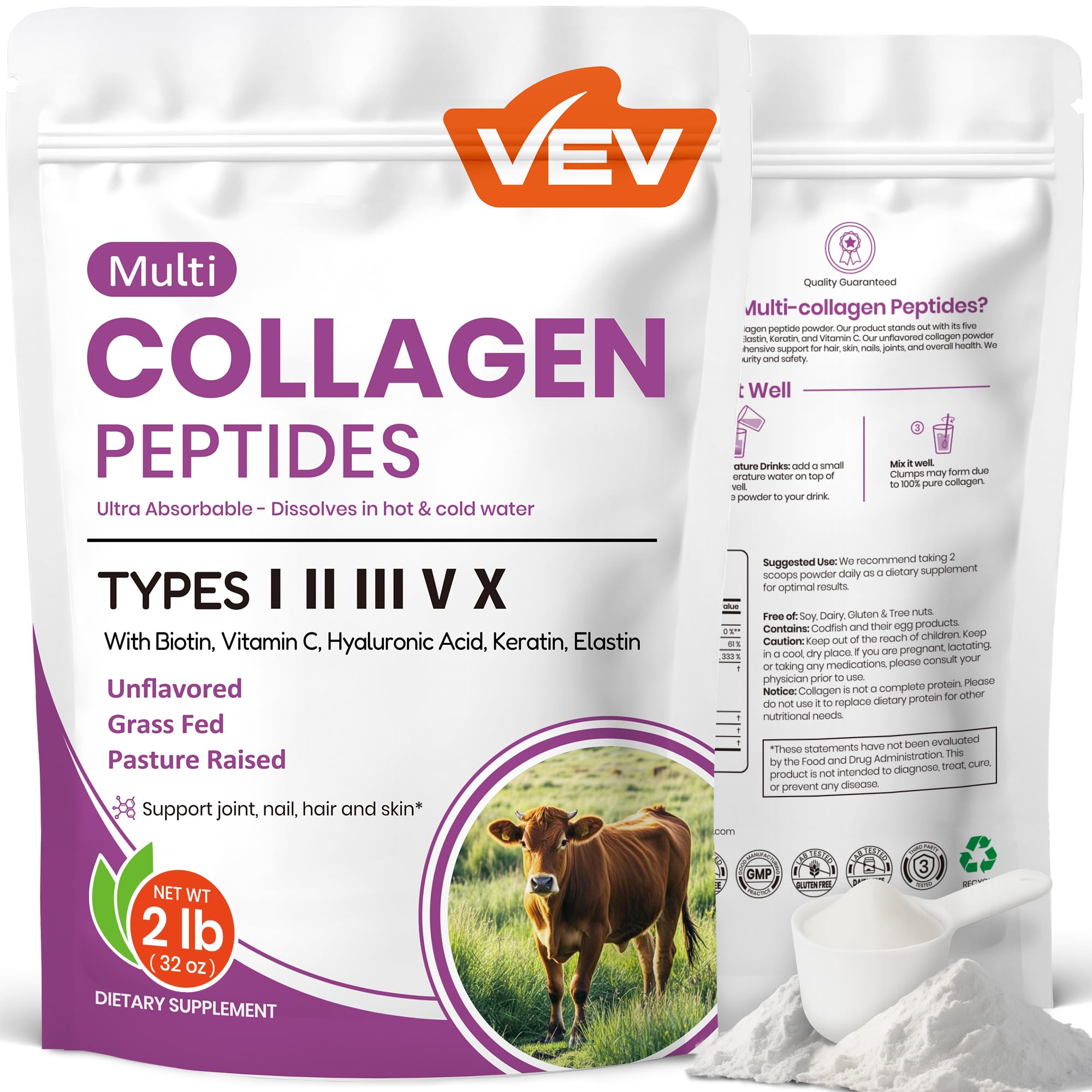 VEV Multi Collagen polvo, bote 32 oz, uso diario en bebidas para piel y articulaciones