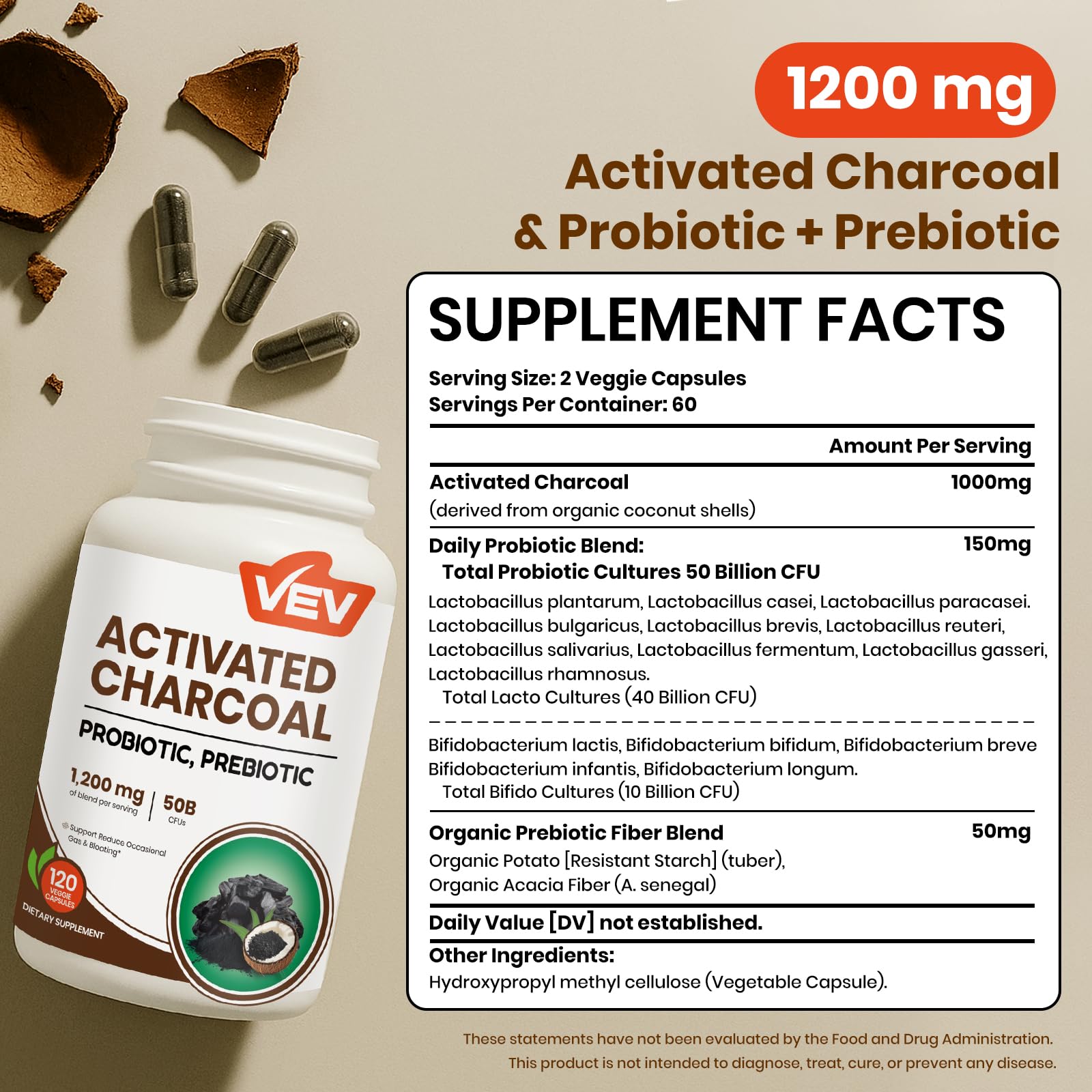 VEV probióticos 50 mil millones en cápsulas para equilibrar la flora intestinal.