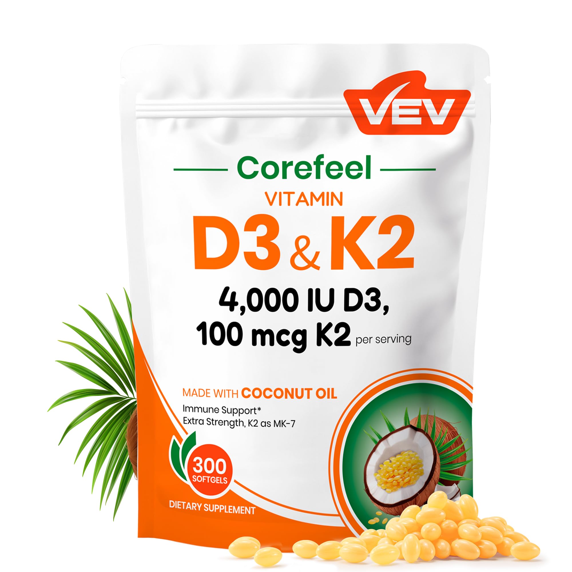 VEV Vitamina D3 K2 4000 UI cápsulas blandas con aceite de coco para mejor absorción