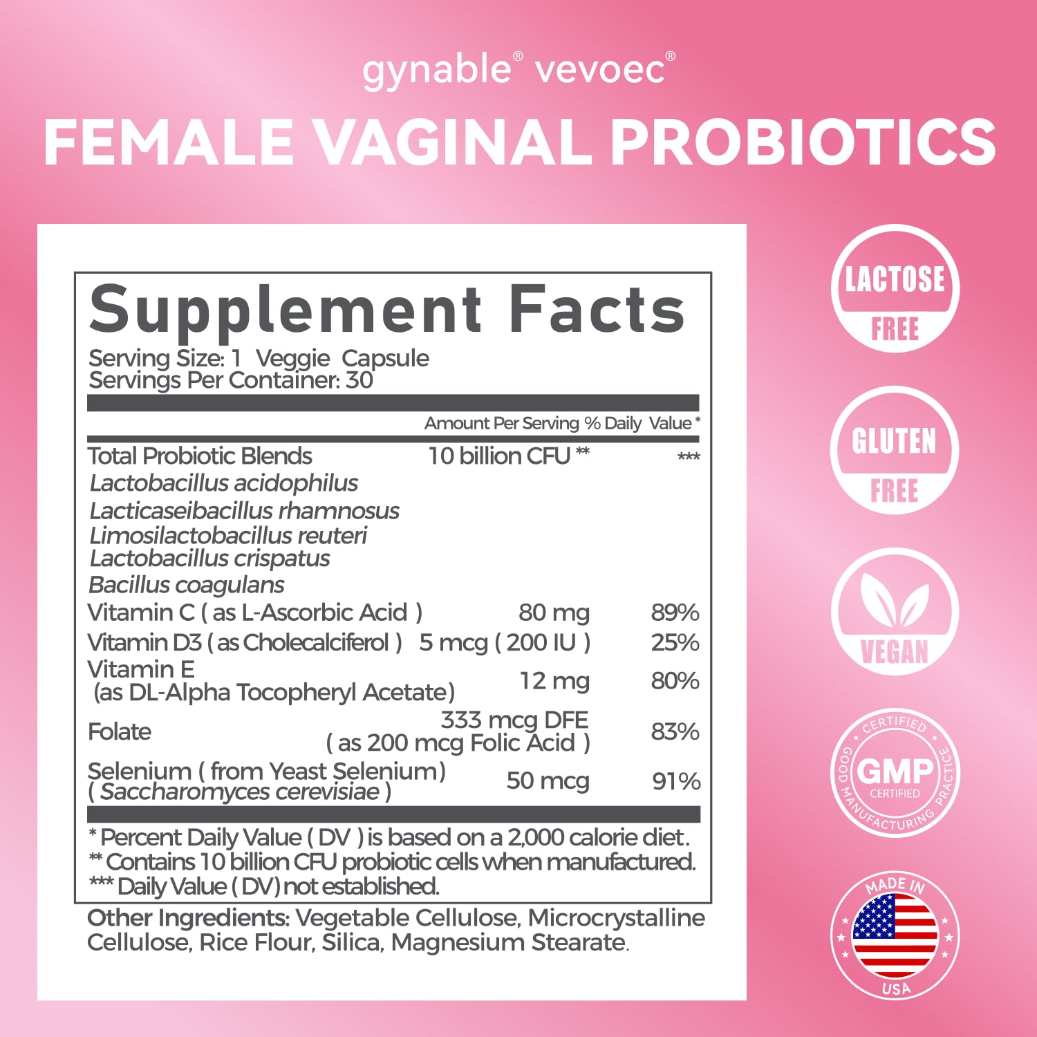 Vevoec Gynable: etiqueta de ingredientes, incluye vitaminas y selenio para apoyo general.