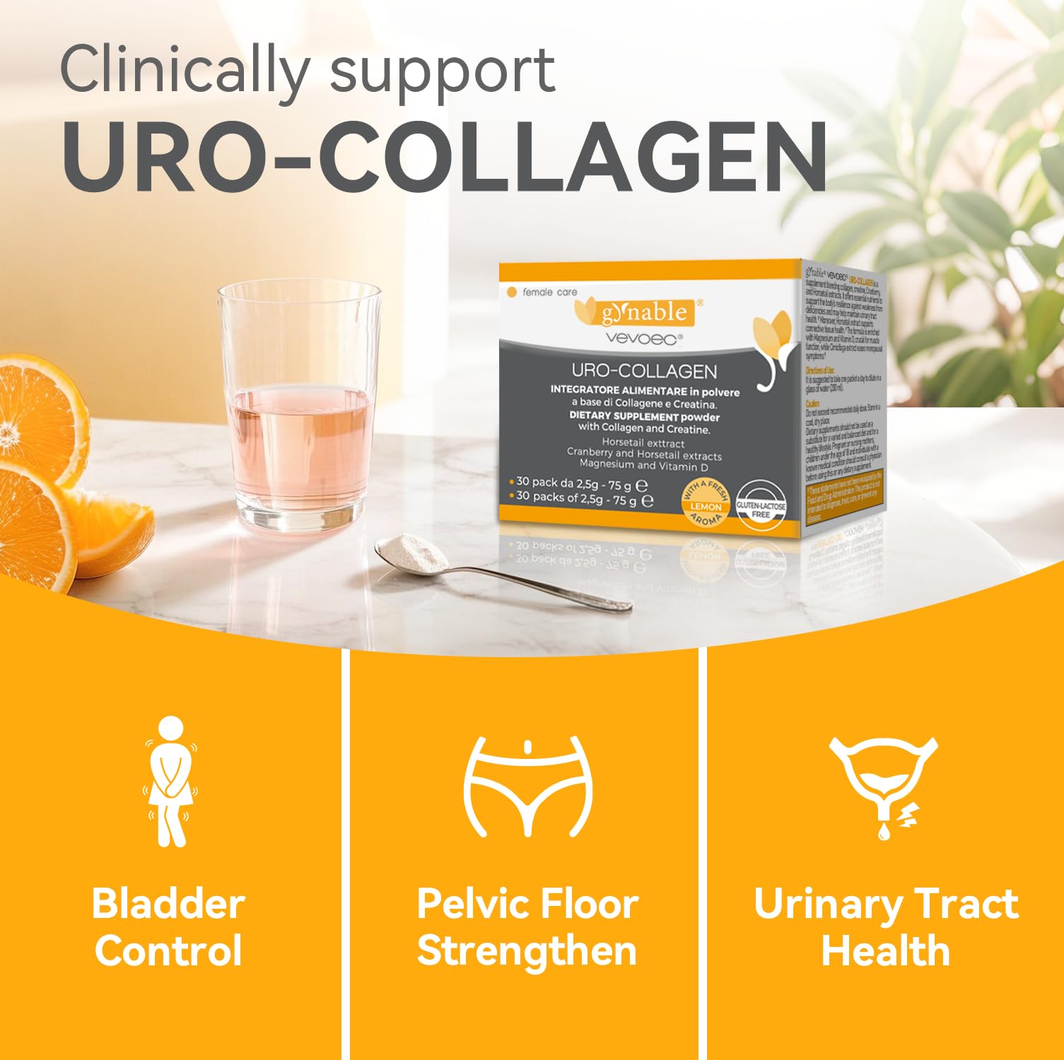 Vevoec Gynable UROCollagen: envase detalle, fórmula avanzada para salud vaginal y urinaria.