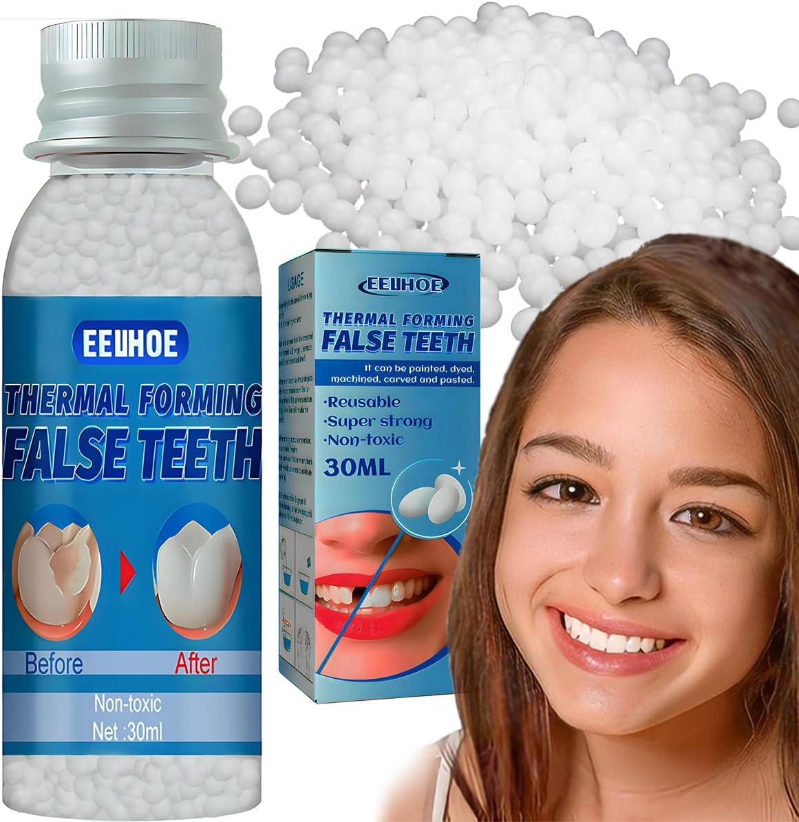 VEZE kit de reparación de dientes falsos, primer plano de componentes para restauración provisional.