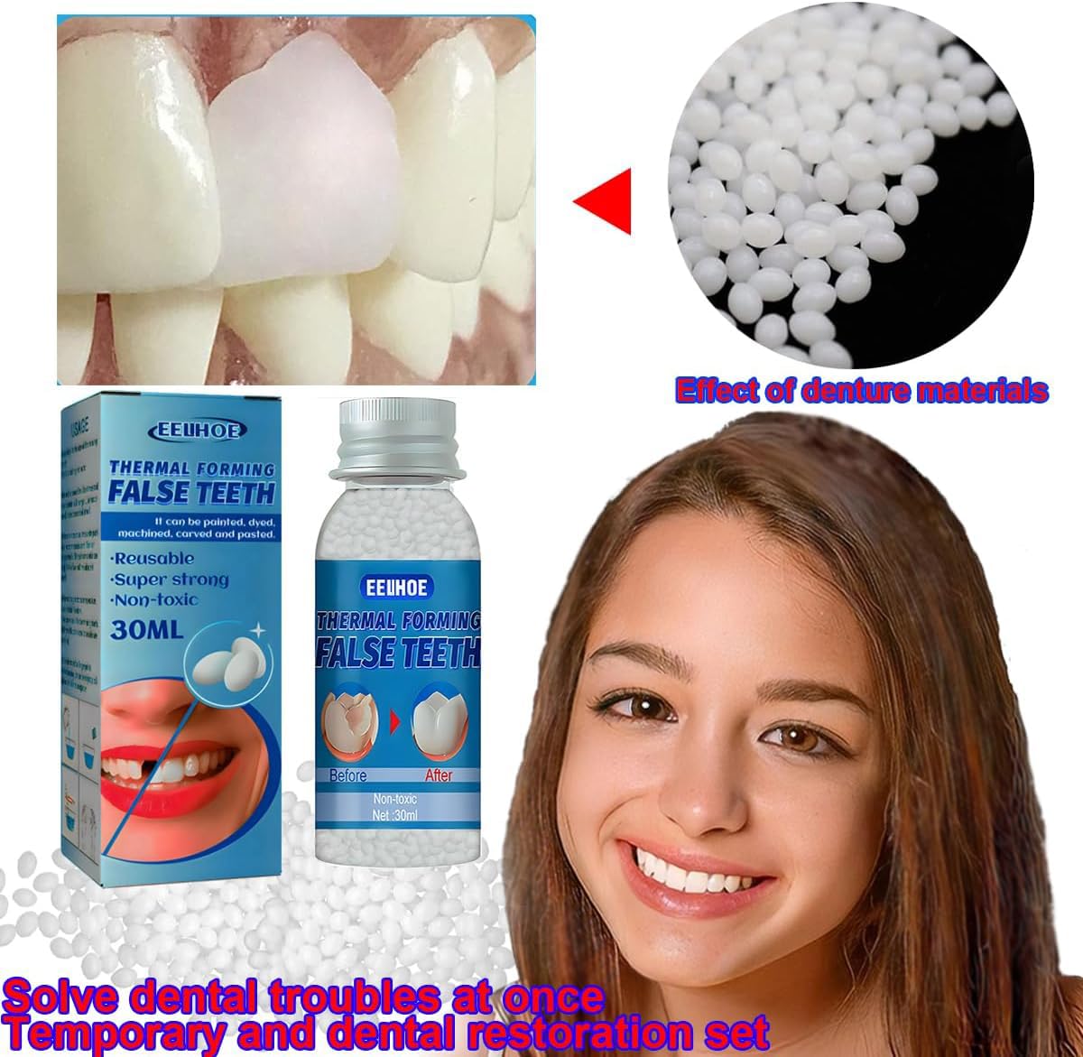 VEZE kit de reparación de dientes falsos, mezcla en proceso, ideal para uso doméstico.