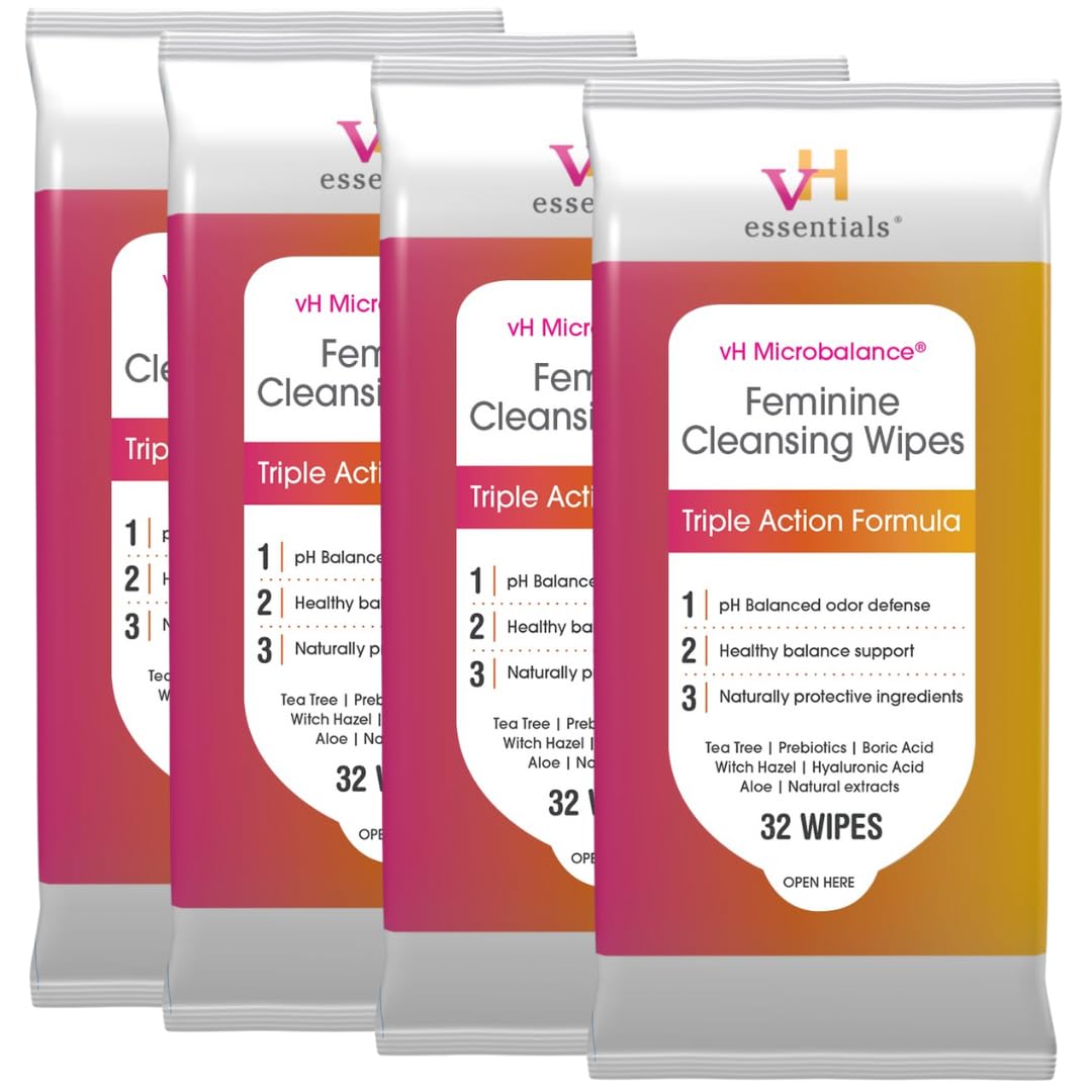 vH essentials empaque de toallitas higiene femenina, enfoque práctico para uso diario.