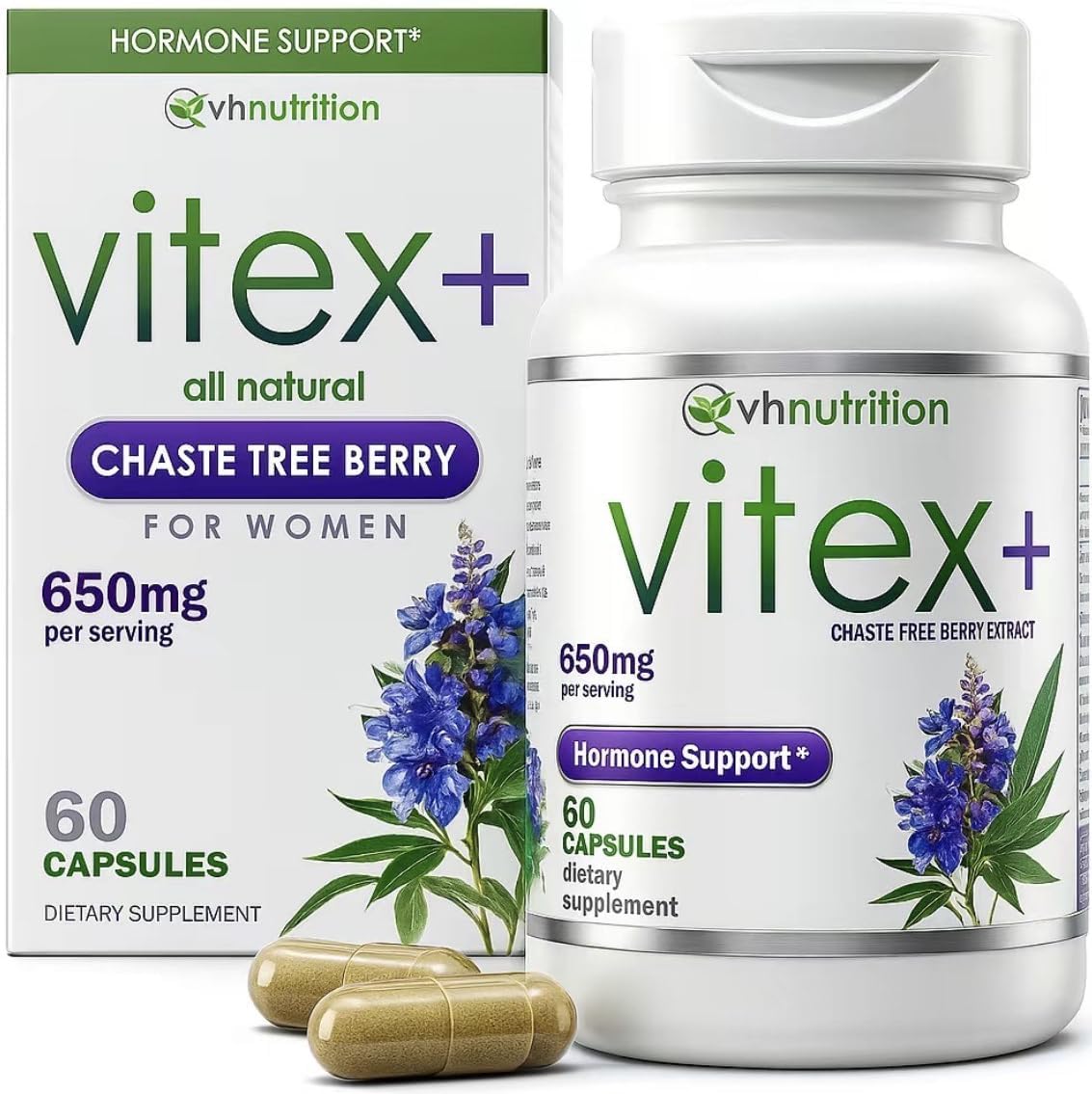 VH Nutrition VITEX+ en botella, formato práctico para uso diario de bienestar hormonal