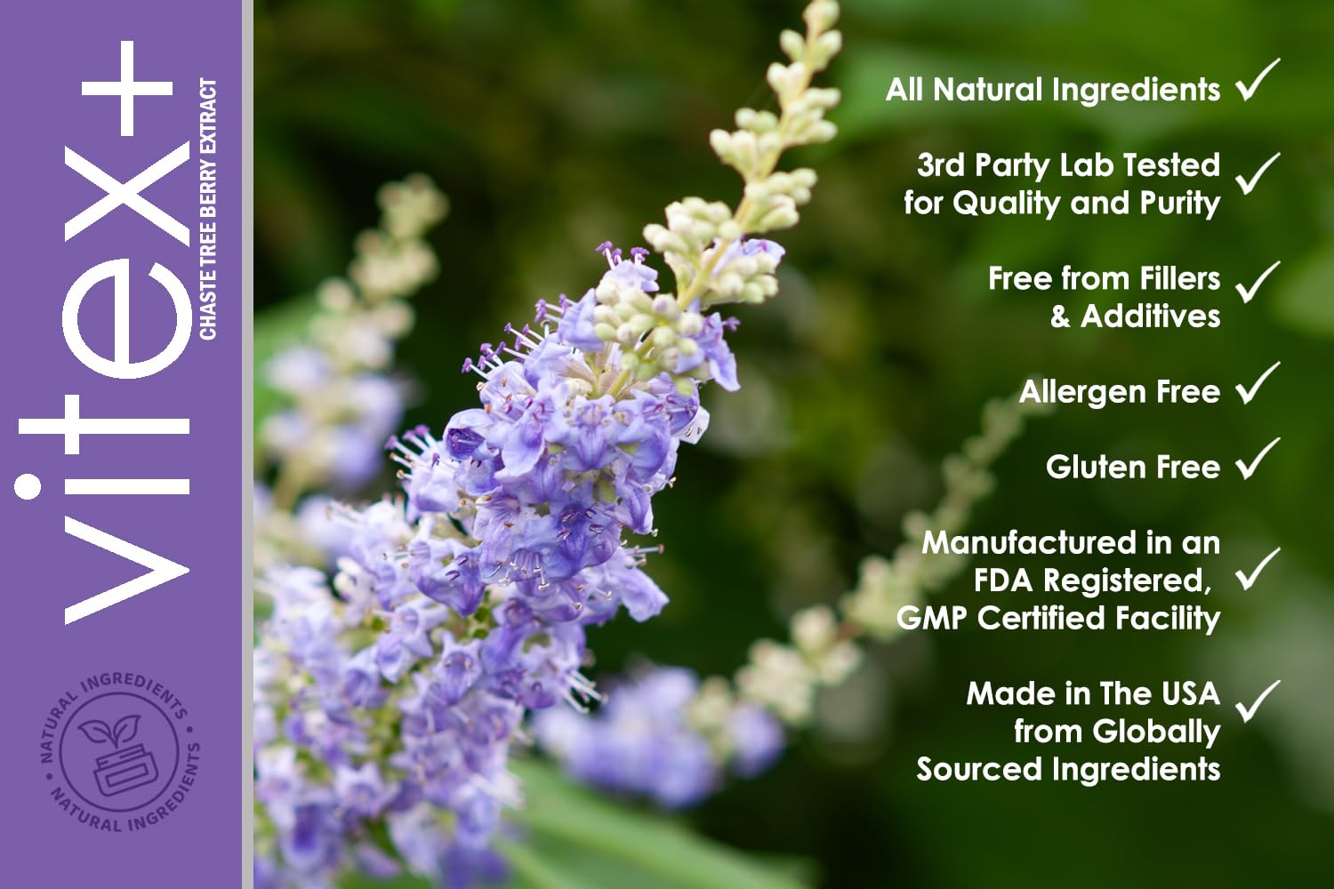 Etiqueta de VITEX+ mostrando ingredientes y beneficio principal