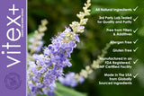Etiqueta de VITEX+ mostrando ingredientes y beneficio principal