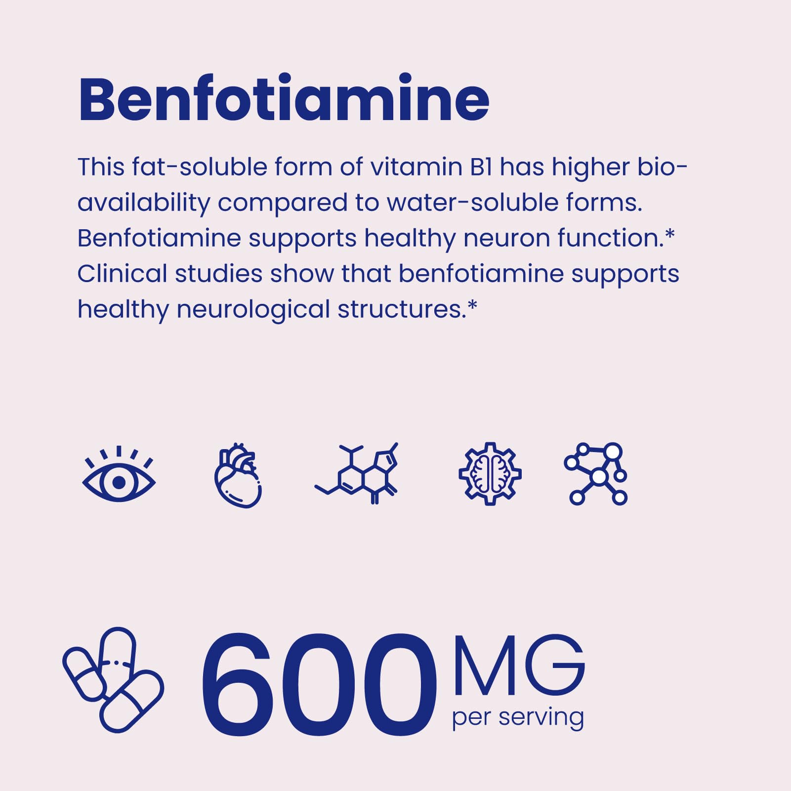 Envase de VHC Benfotiamina 600 mg con etiqueta clara para lectura fácil.