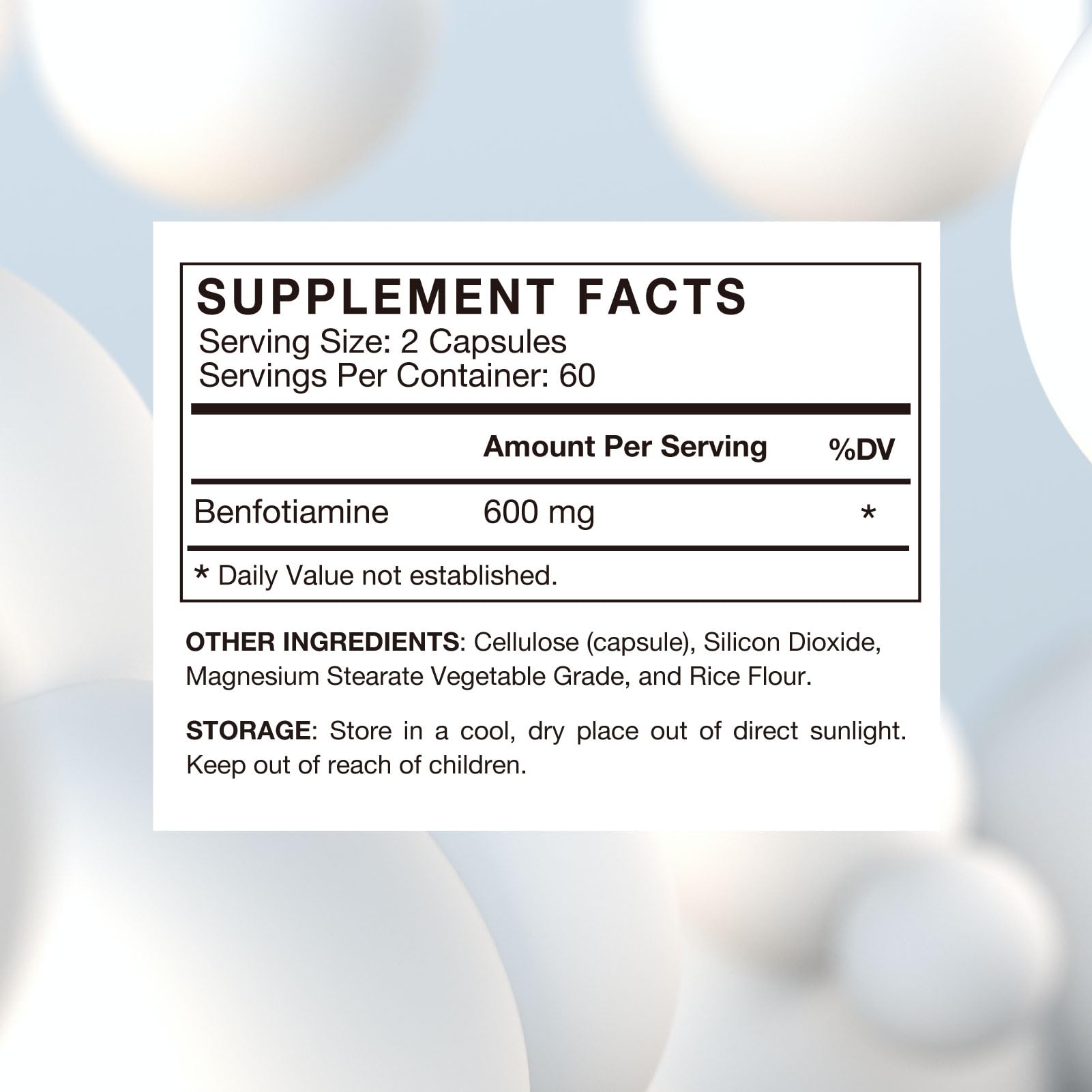 Etiqueta clara de VHC Benfotiamina 600 mg para verificar dosis fácilmente.