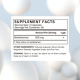 Etiqueta clara de VHC Benfotiamina 600 mg para verificar dosis fácilmente.