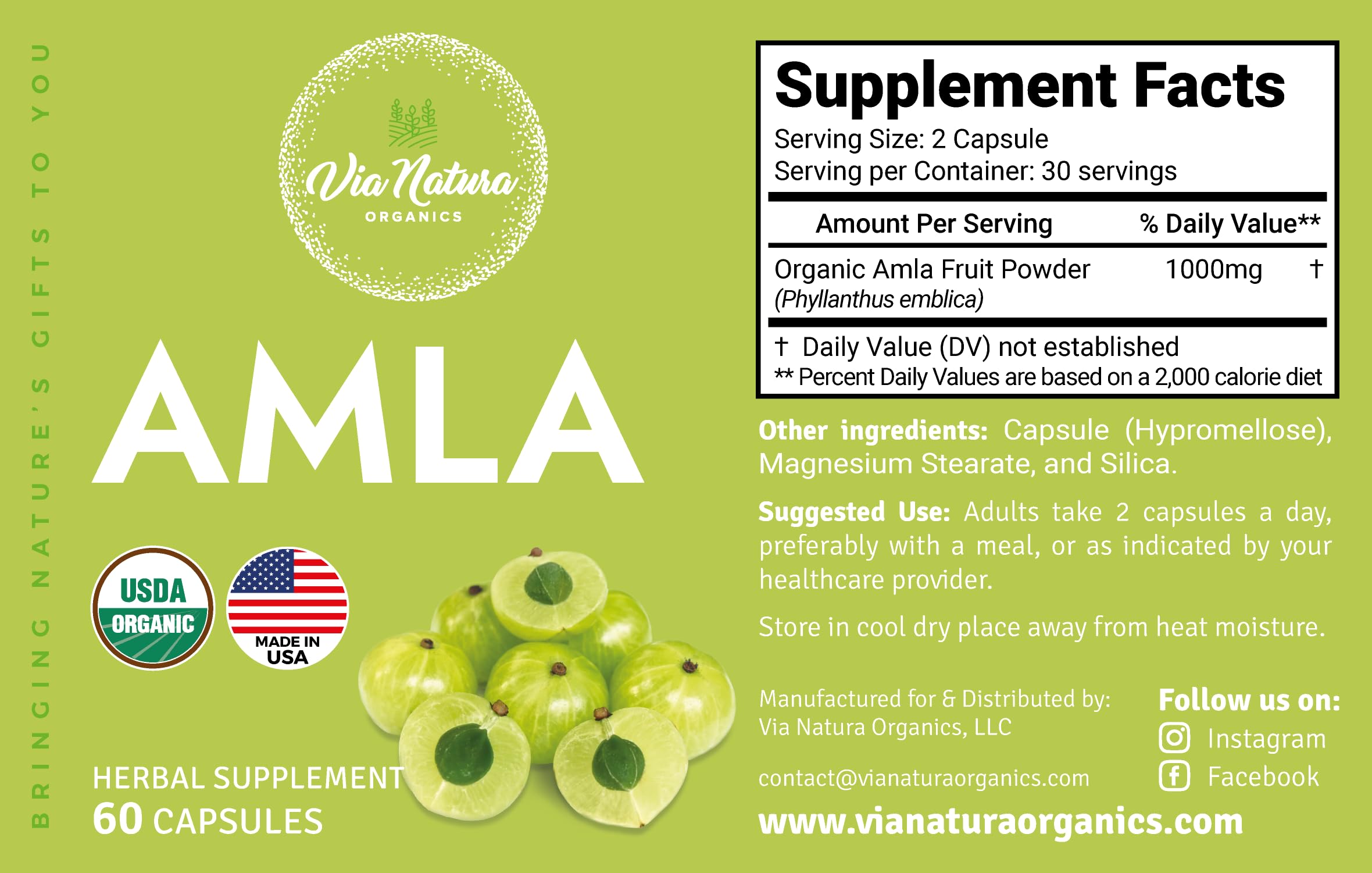 Via Natura Organics Amla cápsulas, etiqueta frontal con información clara de vitamina C