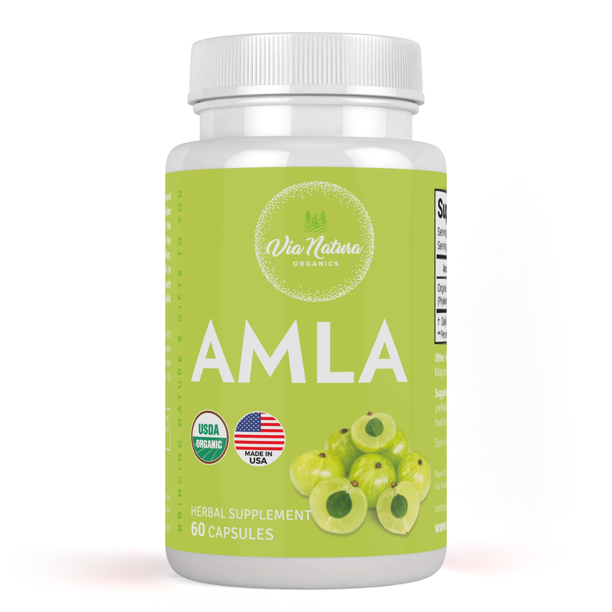 Via Natura Organics Amla cápsulas frasco, fuente natural de vitamina C para uso diario