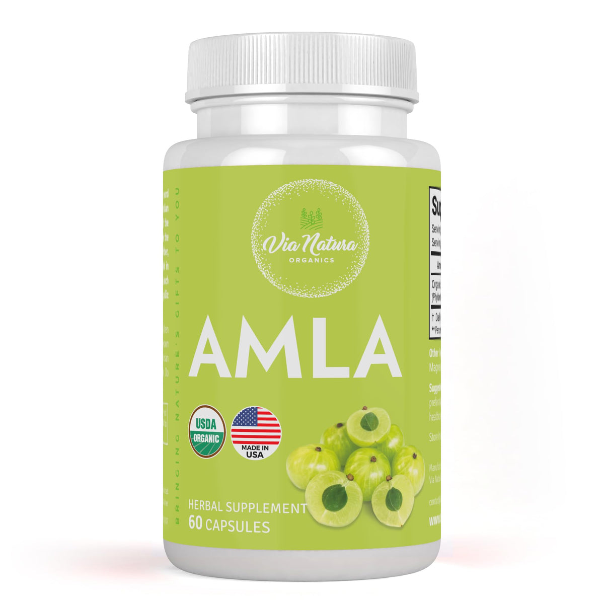 Via Natura Organics Amla cápsulas frasco, fuente natural de vitamina C para uso diario