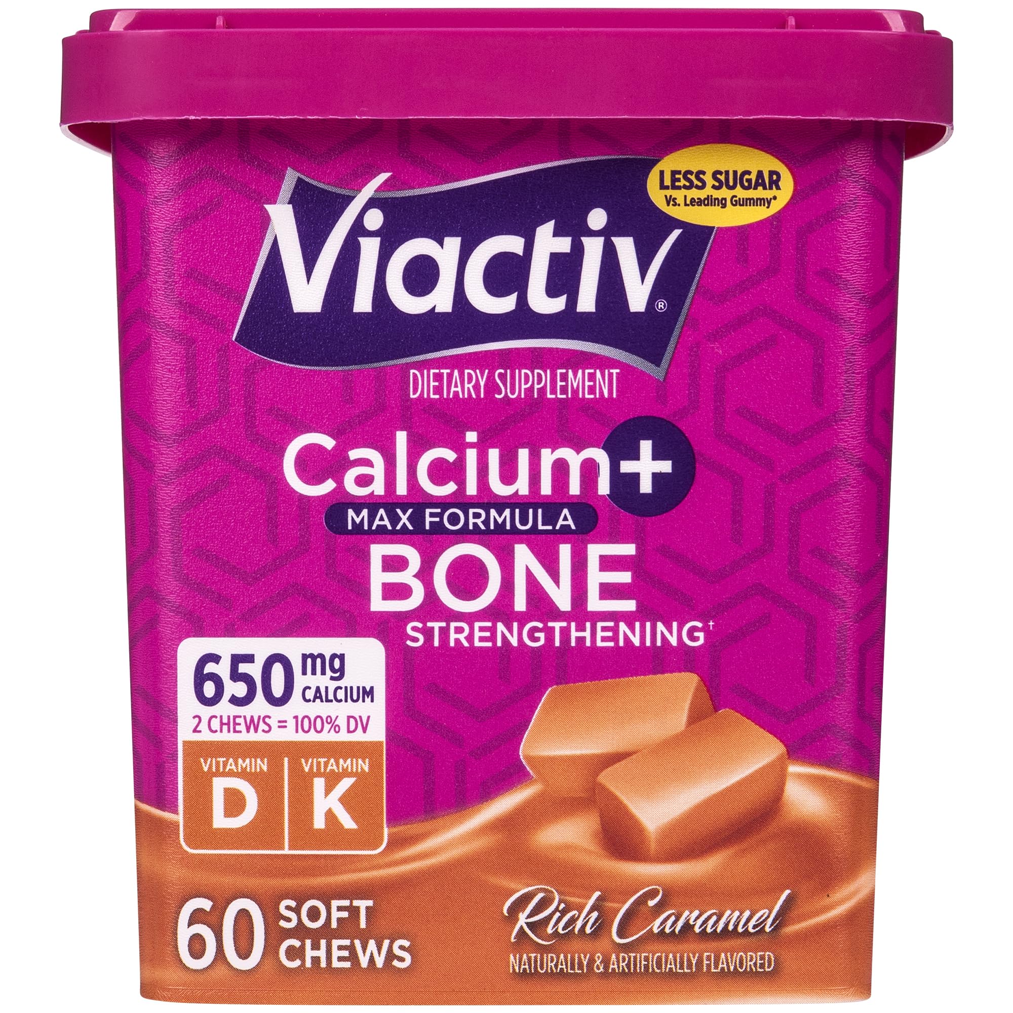 Viactiv calcio gomas sabor caramelo en empaque, opción sabrosa para apoyar huesos.
