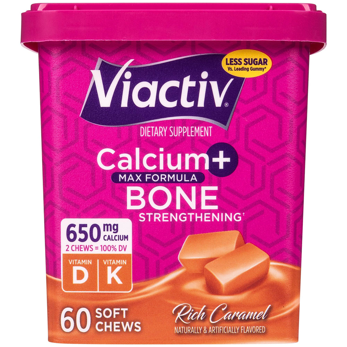 Viactiv calcio gomas sabor caramelo en empaque, opción sabrosa para apoyar huesos.