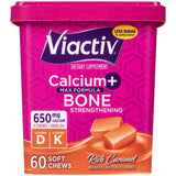 Viactiv calcio gomas sabor caramelo en empaque, opción sabrosa para apoyar huesos.